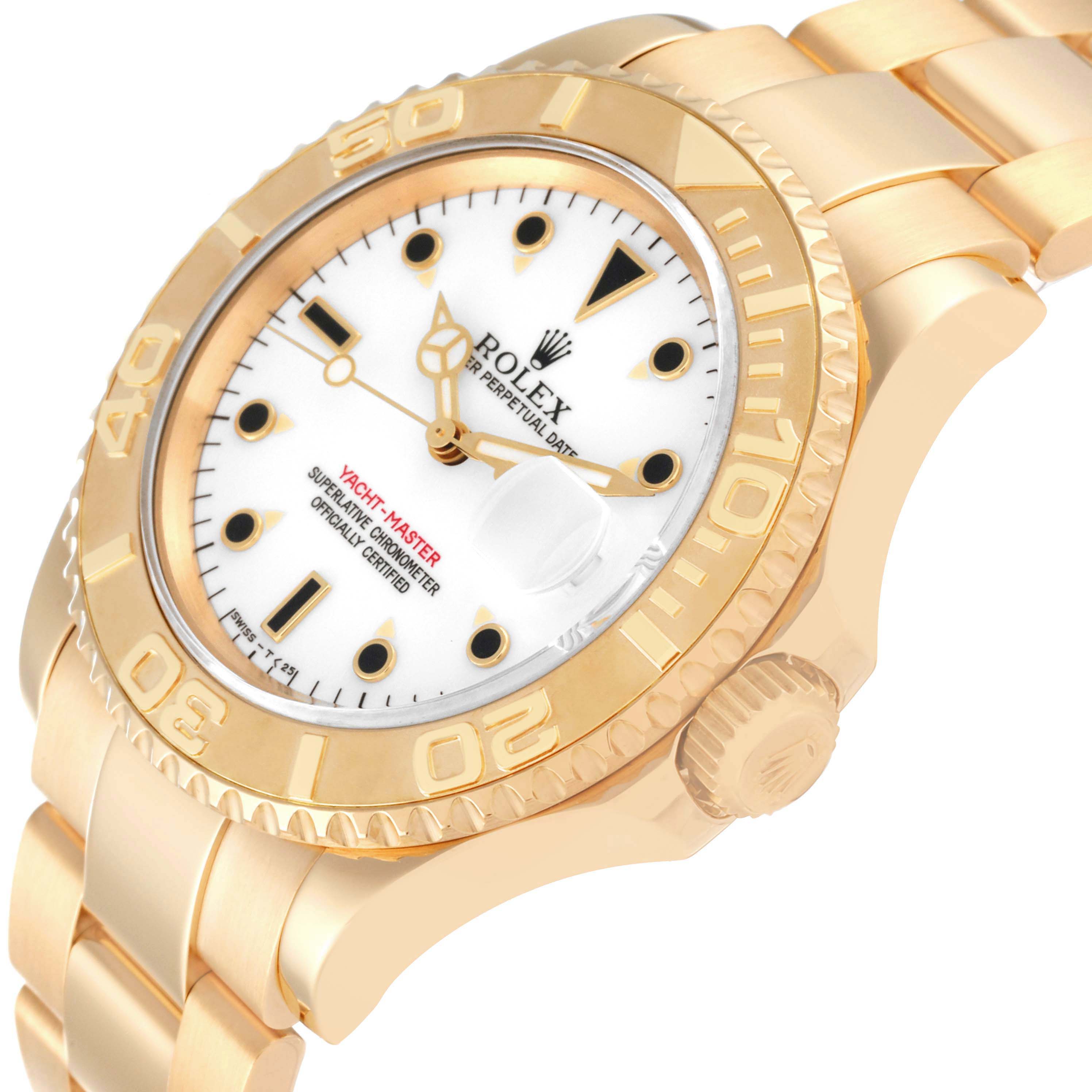 This image shows a side angle of a Rolex Yacht-Master 16628 Men's Yellow Gold White Dial 16628 Men's Yellow Gold White Dial watch focusing on its bezel, dial, bracelet, and crown.