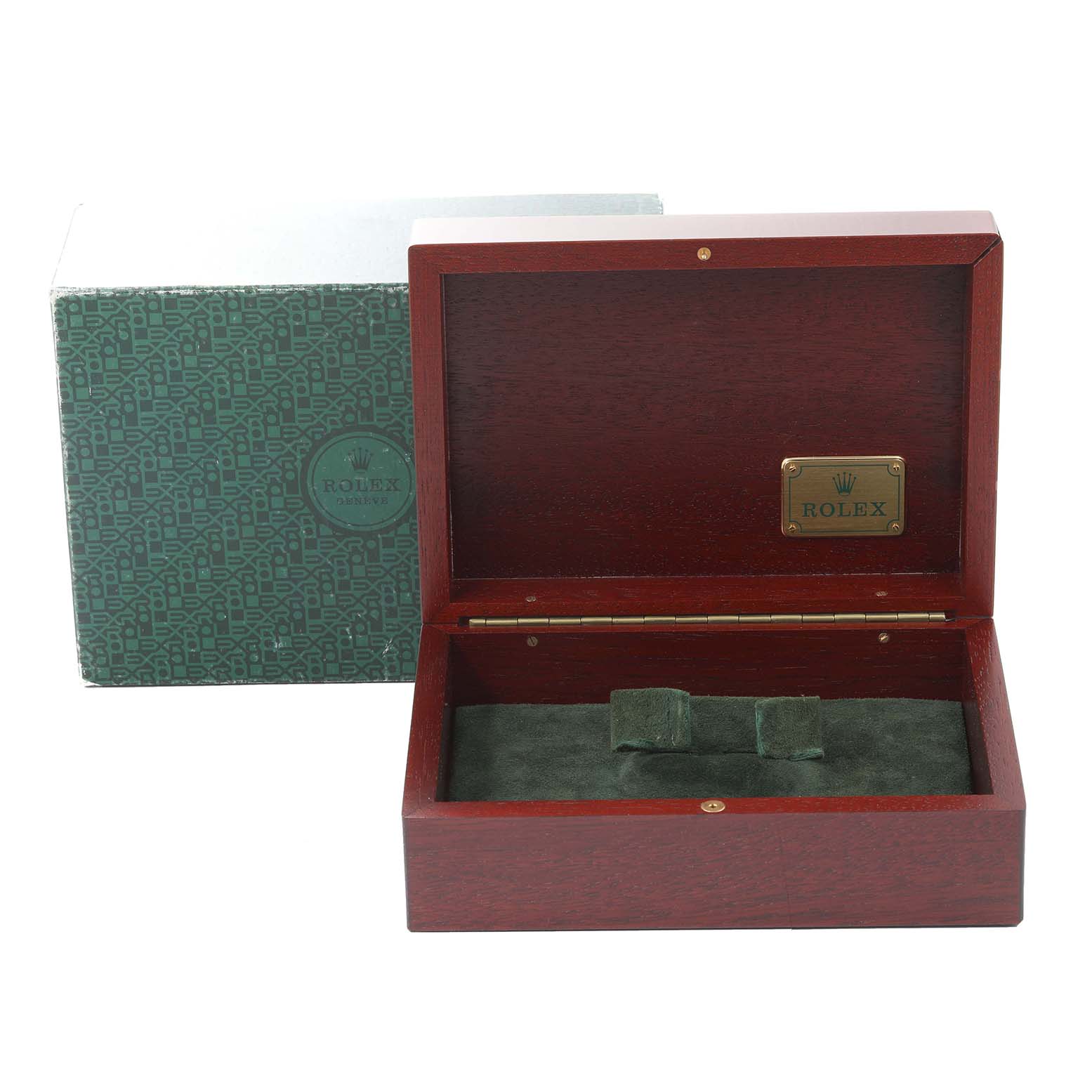 The image shows an open wooden watch box and outer packaging for a Rolex Yacht-Master 16628 Men's Yellow Gold White Dial 16628 Men's Yellow Gold White Dial watch, displaying the interior cushion and Rolex branding.