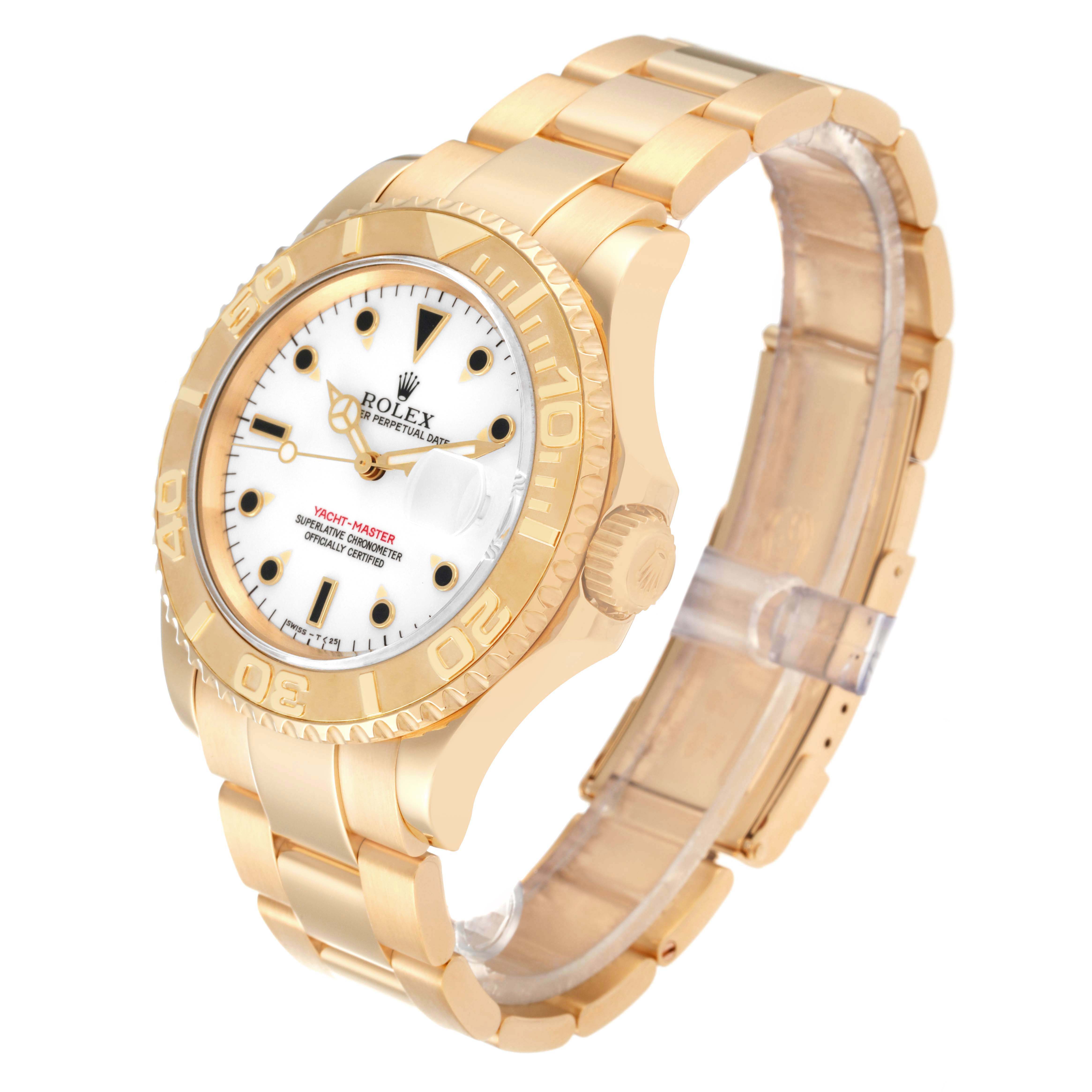 The Rolex Yacht-Master 16628 Men's Yellow Gold White Dial 16628 Men's Yellow Gold White Dial watch is shown at a slight angle, featuring the face, bezel, crown, and bracelet.