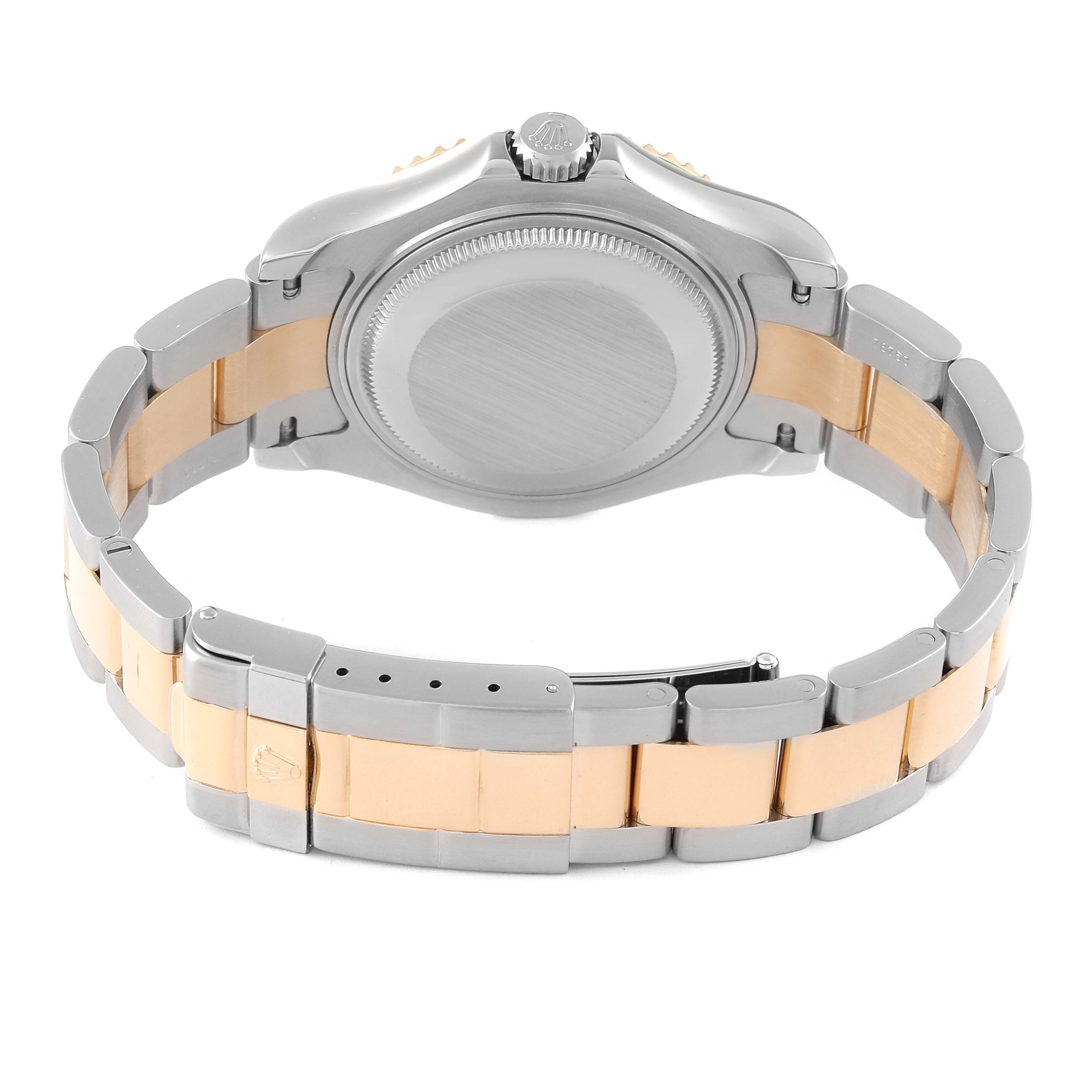 The image shows the back view of the Rolex Yacht-Master 168623 Men
s Steel and Gold (two tone) Grey Dial 168623 Men
s Steel and Gold (two tone) Grey Dial watch, focusing on the case back, crown, and two-tone bracelet.