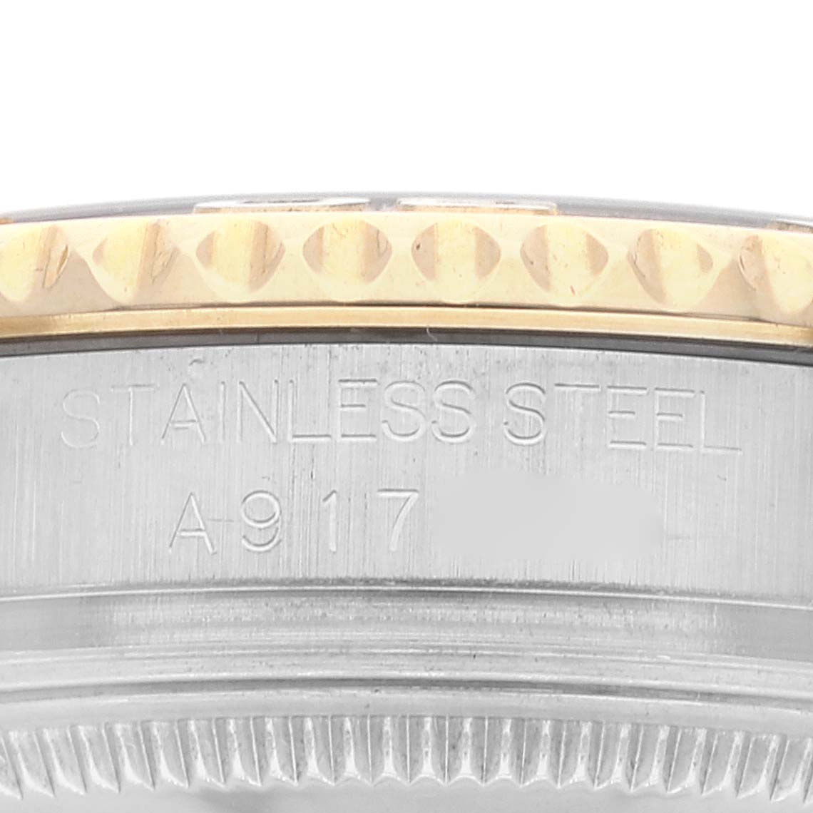 This image shows a close-up side view of the Rolex Yacht-Master 168623 Men
s Steel and Gold (two tone) Grey Dial 168623 Men
s Steel and Gold (two tone) Grey Dial model, focusing on its stainless steel case and bezel.