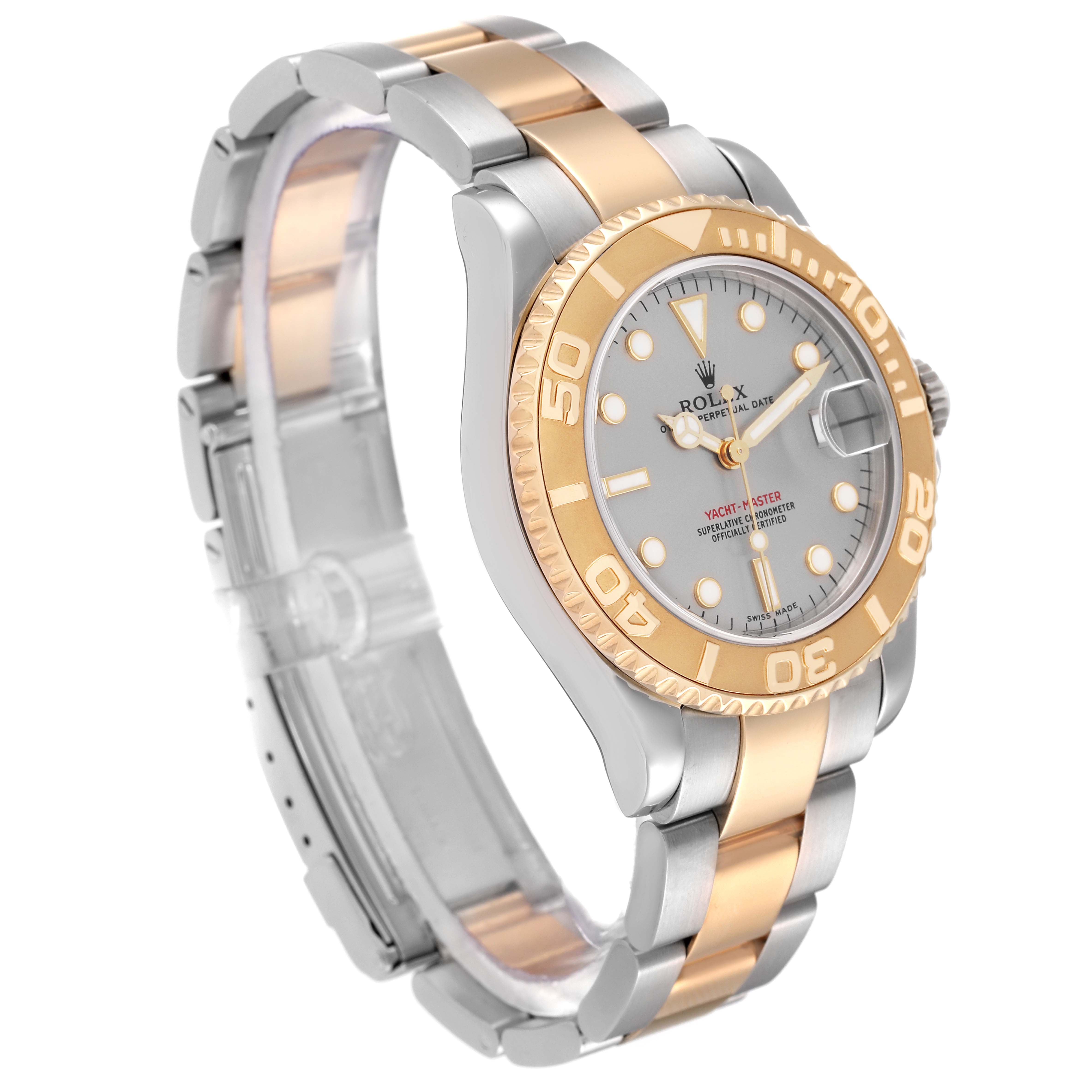 The image displays a Rolex Yacht-Master 168623 Men
s Steel and Gold (two tone) Grey Dial 168623 Men
s Steel and Gold (two tone) Grey Dial watch at a three-quarter angle, showcasing the case, bezel, and bracelet.