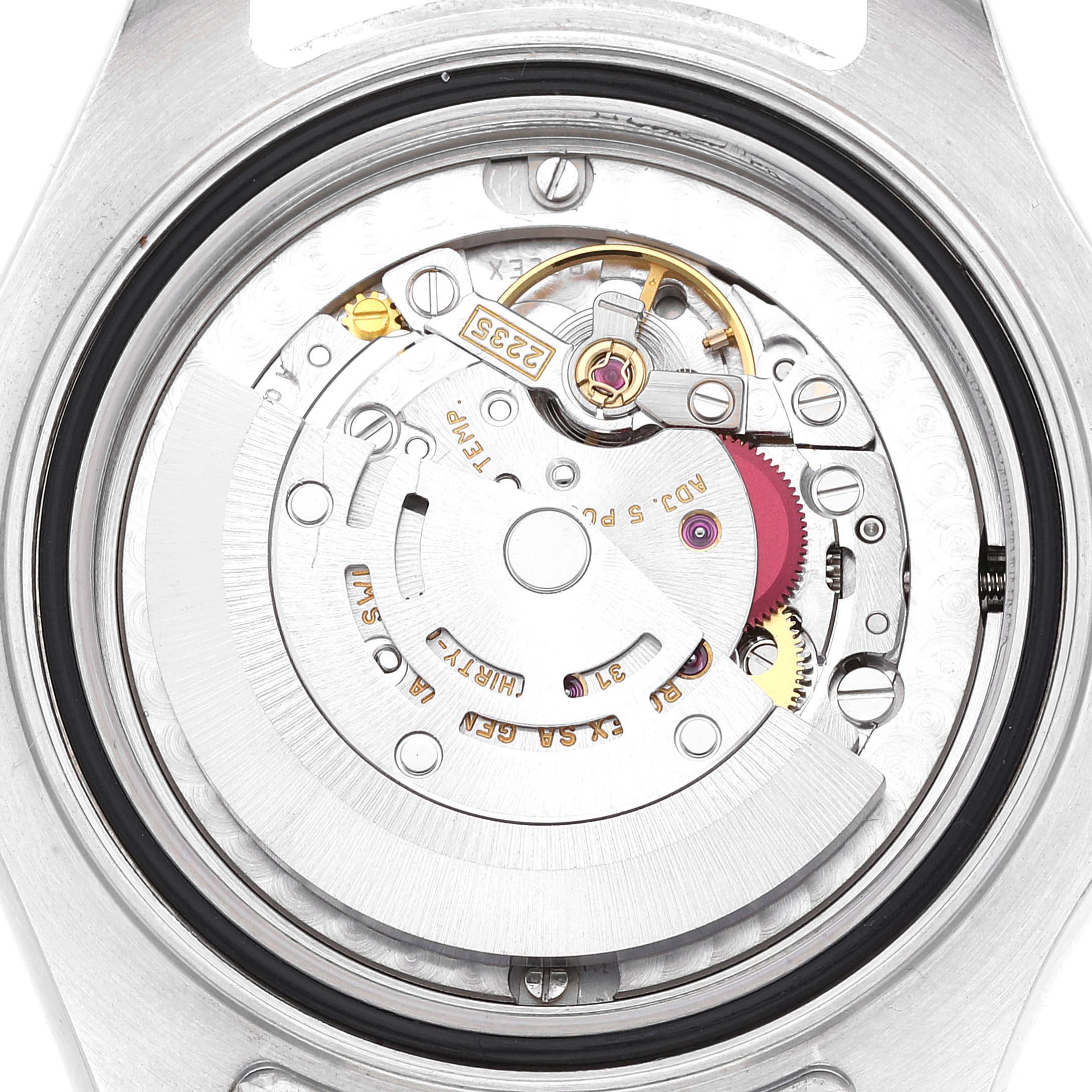 This image shows the internal mechanical movement of the Rolex Yacht-Master 168623 Men
s Steel and Gold (two tone) Grey Dial 168623 Men
s Steel and Gold (two tone) Grey Dial watch from a rear perspective.