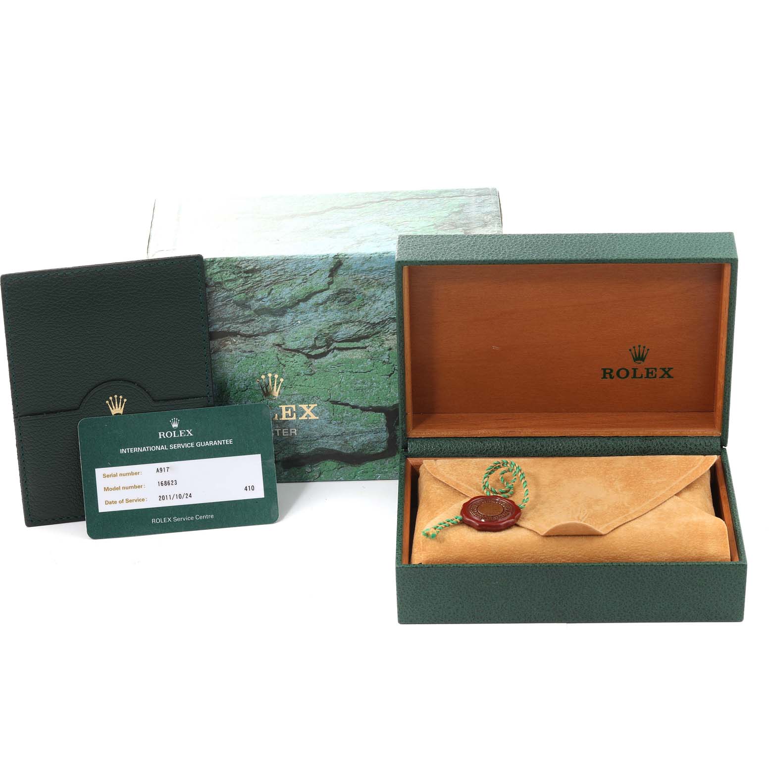 The image shows the packaging, warranty card, and leather pouch for the Rolex Yacht-Master 168623 Men
s Steel and Gold (two tone) Grey Dial 168623 Men
s Steel and Gold (two tone) Grey Dial watch.