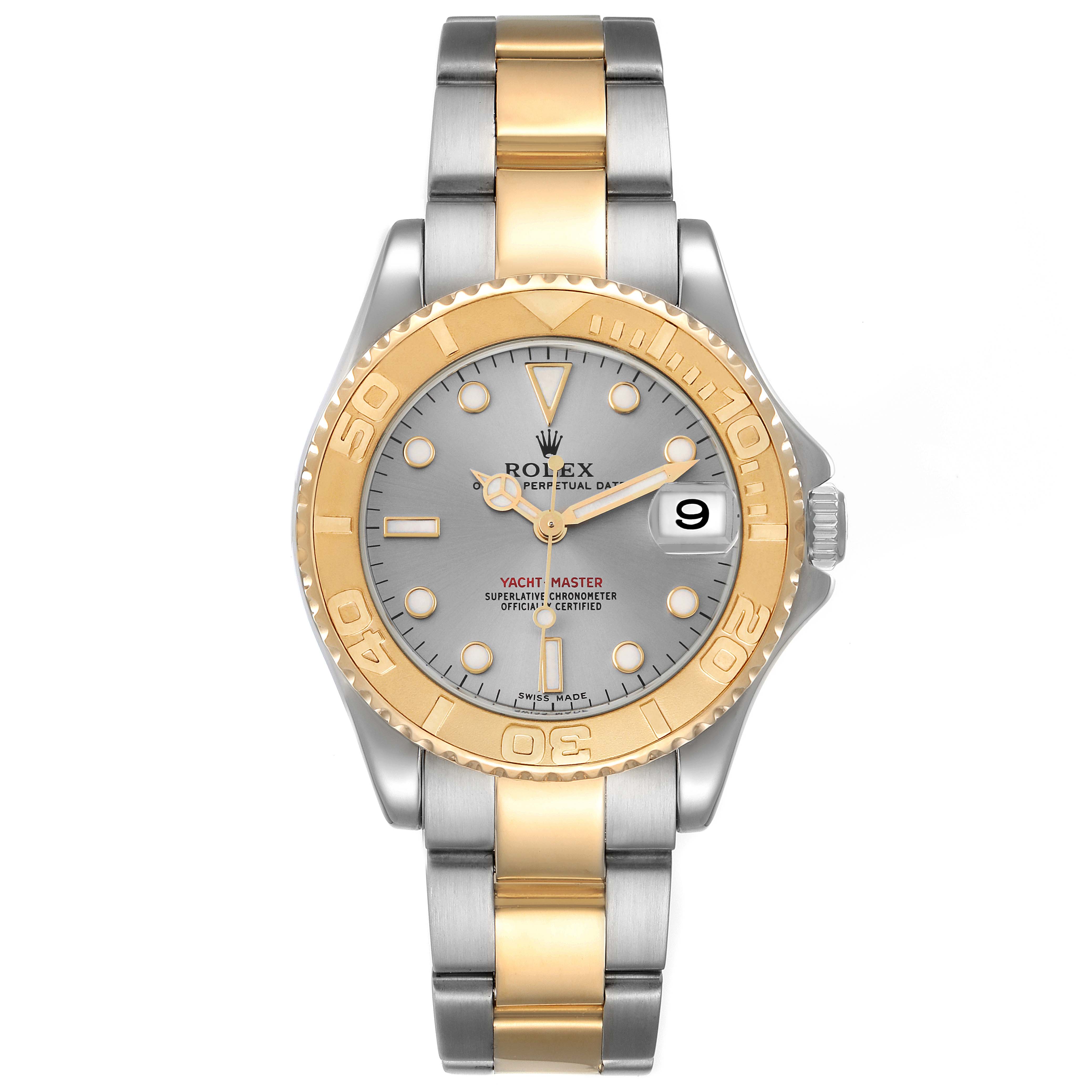The image shows a frontal view of the Rolex Yacht-Master 168623 Men
s Steel and Gold (two tone) Grey Dial 168623 Men
s Steel and Gold (two tone) Grey Dial watch, highlighting its face, bezel, and bracelet.