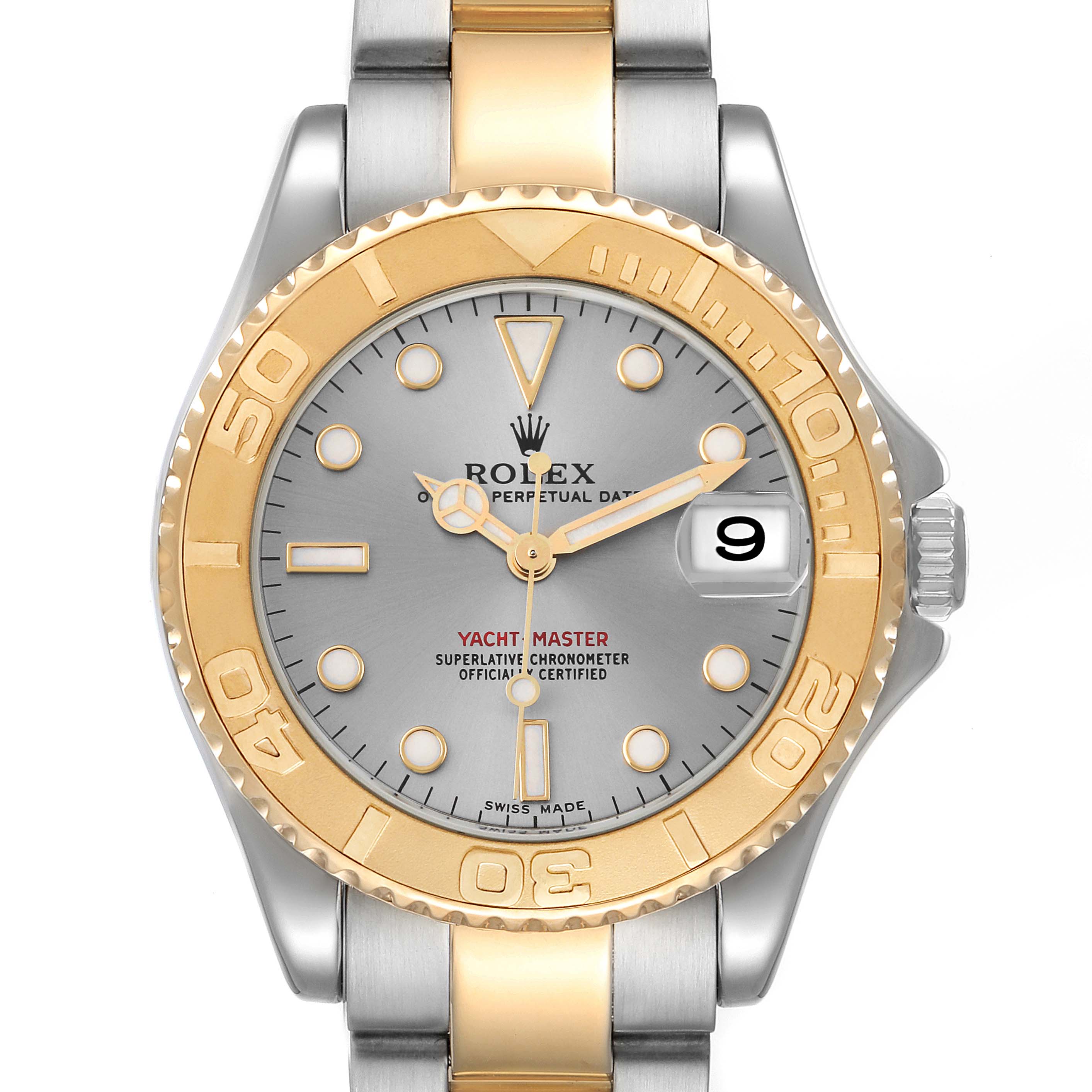 This image shows a front view of the Rolex Yacht-Master 168623 Men
s Steel and Gold (two tone) Grey Dial 168623 Men
s Steel and Gold (two tone) Grey Dial watch featuring its face, bezel, and part of the band.