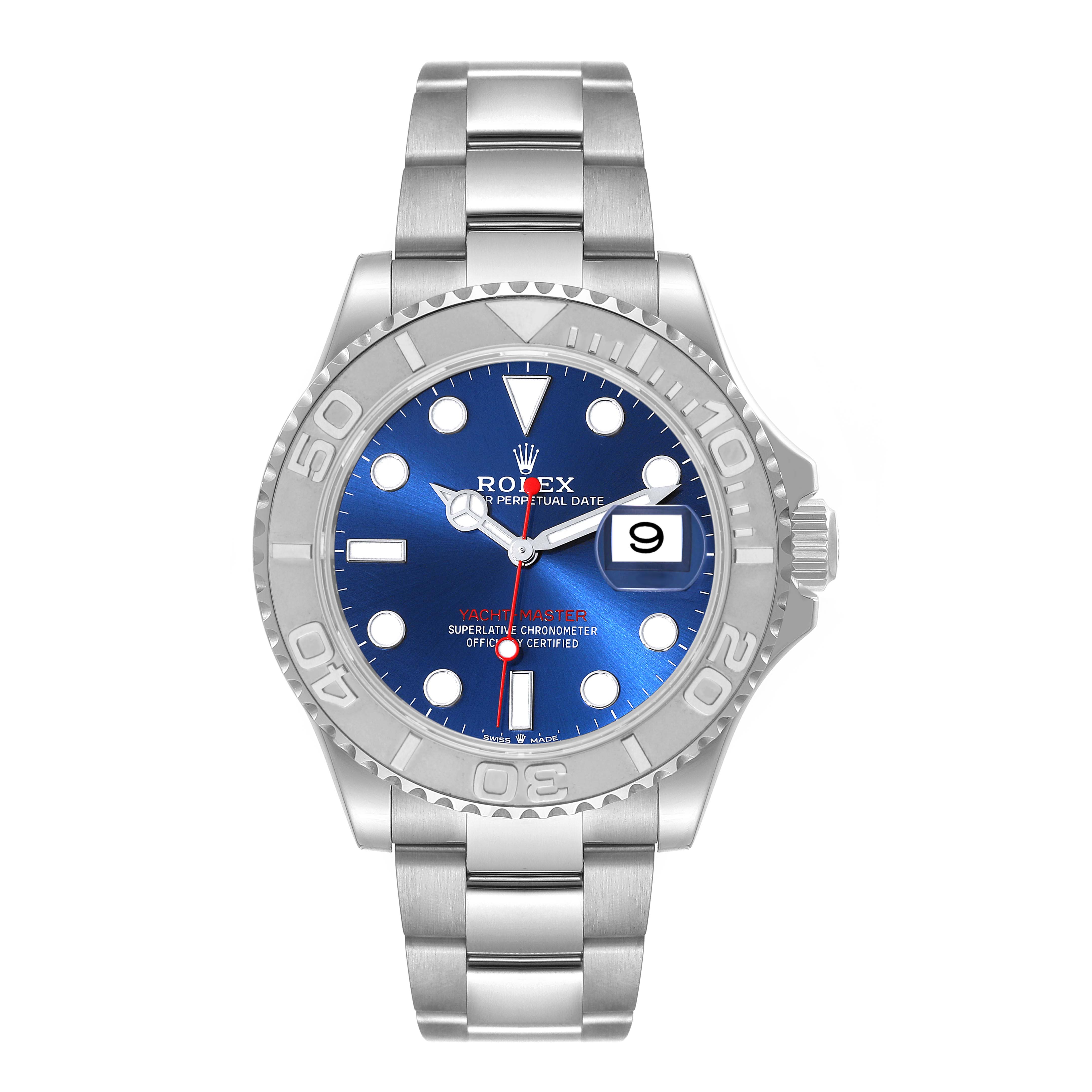 The image shows a front view of a Rolex Yacht-Master 126622 Men's Stainless Steel Blue Dial 126622 Men's Stainless Steel Blue Dial watch with a blue dial and a stainless steel bracelet.