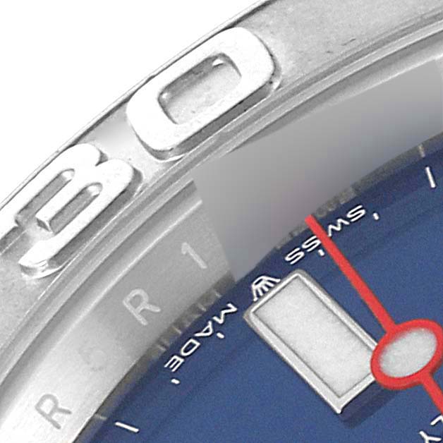 This image shows a close-up angle of the bezel and part of the blue dial of a Rolex Yacht-Master 126622 Men's Stainless Steel Blue Dial 126622 Men's Stainless Steel Blue Dial watch.