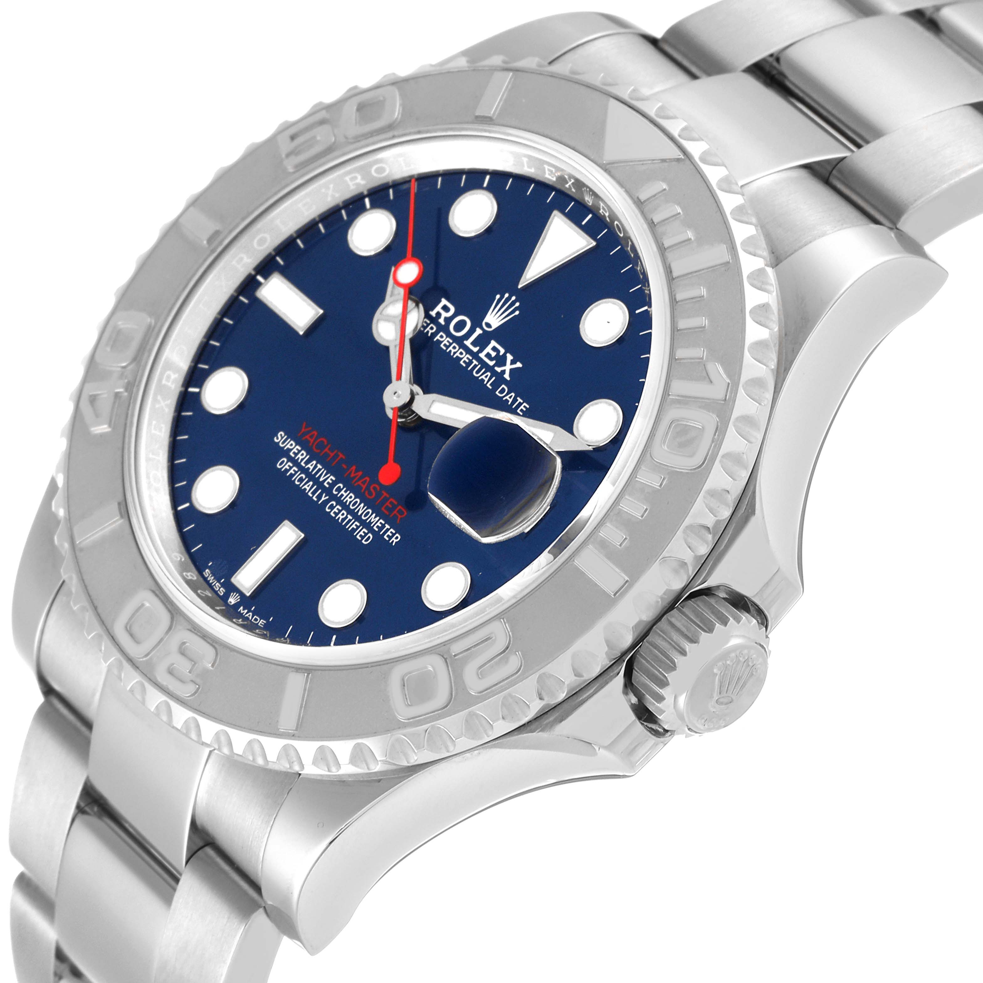 This image shows a close-up side angle of the Rolex Yacht-Master 126622 Men's Stainless Steel Blue Dial 126622 Men's Stainless Steel Blue Dial watch displaying the dial, bezel, and bracelet.