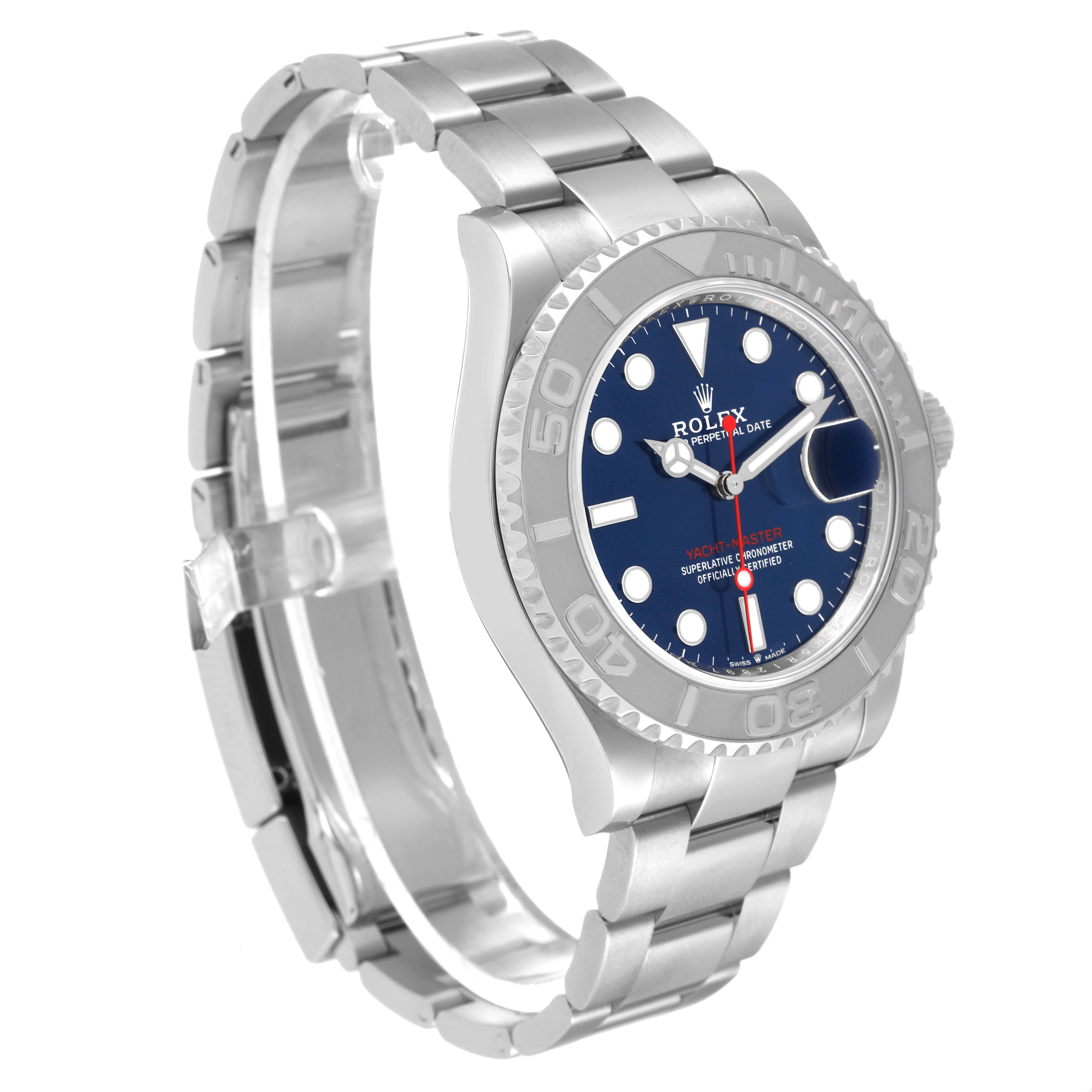 The image shows a side angle of the Rolex Yacht-Master 126622 Men's Stainless Steel Blue Dial 126622 Men's Stainless Steel Blue Dial watch, highlighting its dial and bracelet.