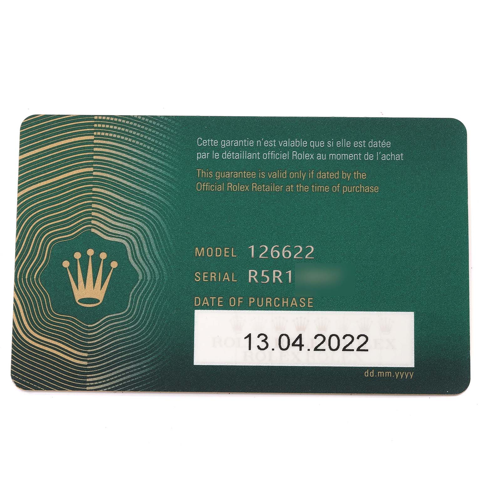 This is the warranty card for a Rolex Yacht-Master 126622 Men's Stainless Steel Blue Dial 126622 Men's Stainless Steel Blue Dial model 126622, showing model, serial number, and purchase date.