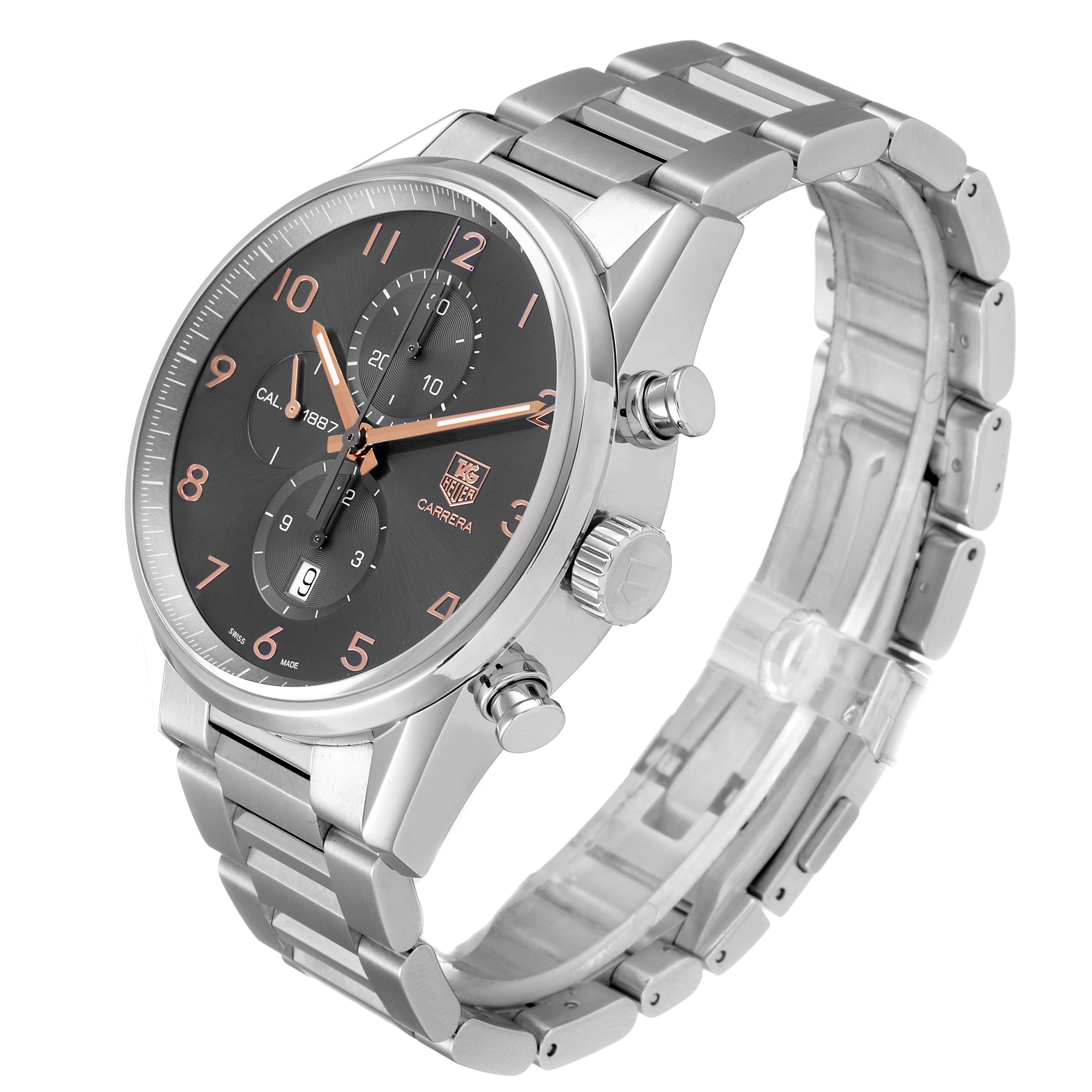 The image shows a Tag Heuer Carrera CAR2013.FC6313 Men's Stainless Steel Black Dial CAR2013.FC6313 Men's Stainless Steel Black Dial watch at an angle highlighting its face, three subdials, pushers, and metal bracelet.