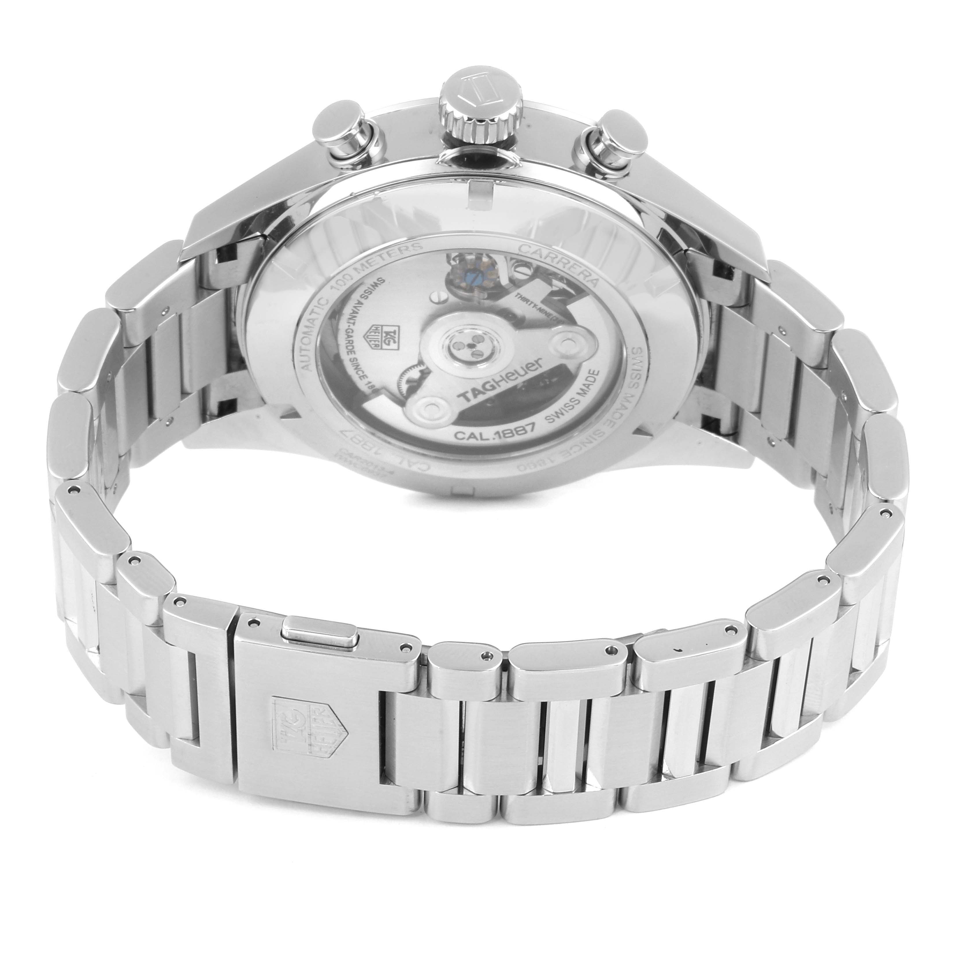 The image shows the back view of a Tag Heuer Carrera CAR2013.FC6313 Men's Stainless Steel Black Dial CAR2013.FC6313 Men's Stainless Steel Black Dial watch, highlighting its stainless steel bracelet and exposed movement.