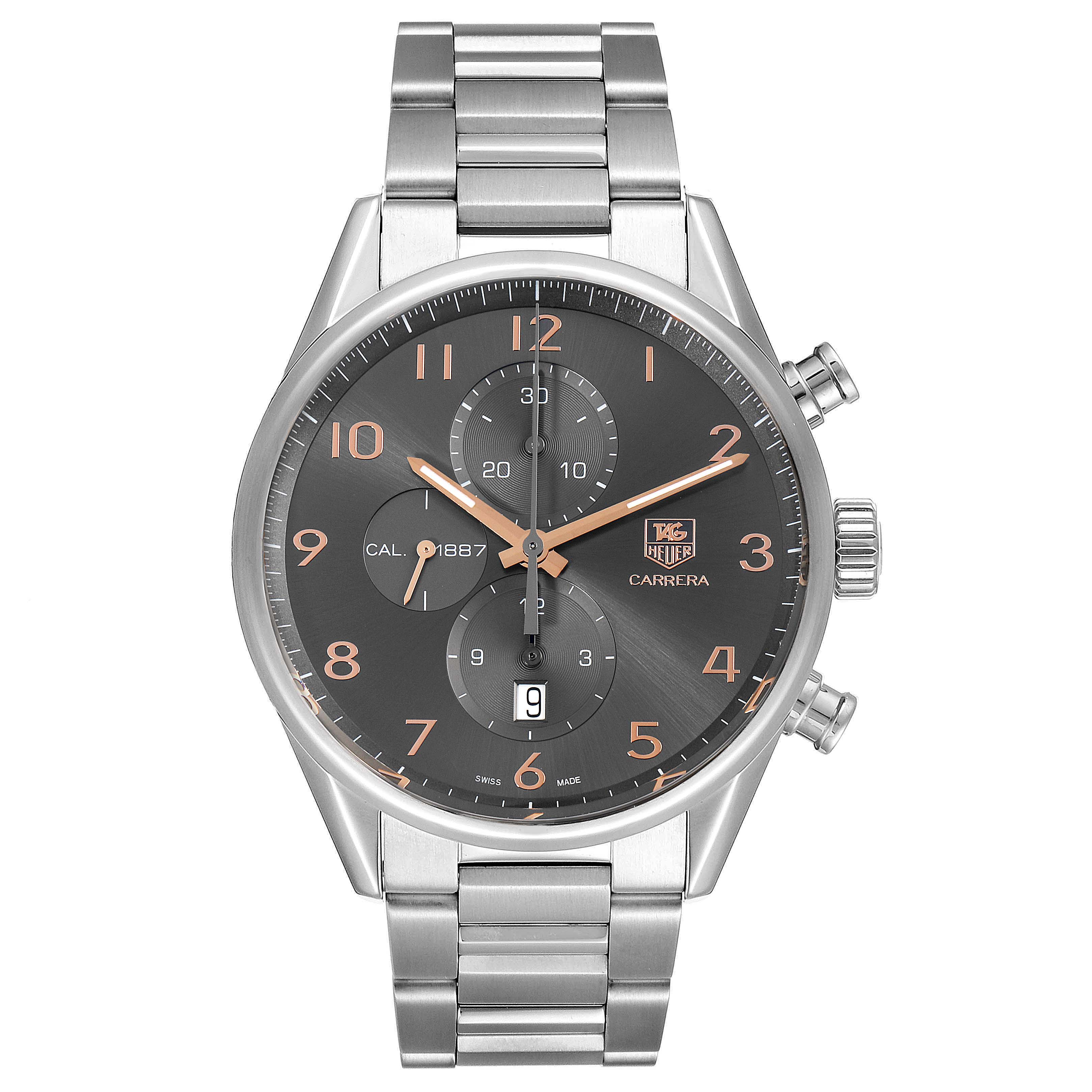 The image shows a front view of the Tag Heuer Carrera CAR2013.FC6313 Men's Stainless Steel Black Dial CAR2013.FC6313 Men's Stainless Steel Black Dial watch, displaying its face, bracelet, and chronograph features.