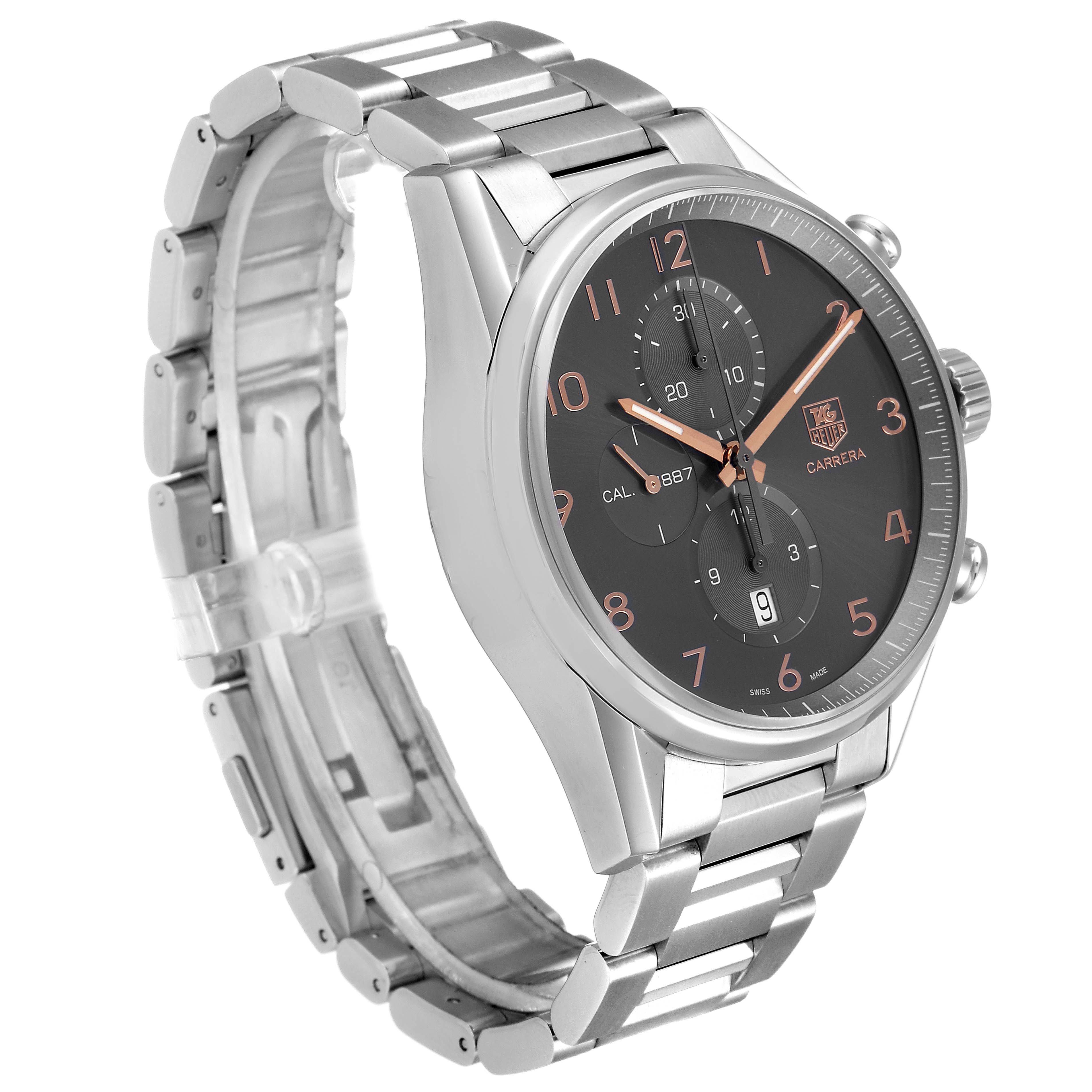 This image shows a side angle of a Tag Heuer Carrera CAR2013.FC6313 Men's Stainless Steel Black Dial CAR2013.FC6313 Men's Stainless Steel Black Dial watch, highlighting its stainless steel bracelet, case, and black dial with chronograph functions.