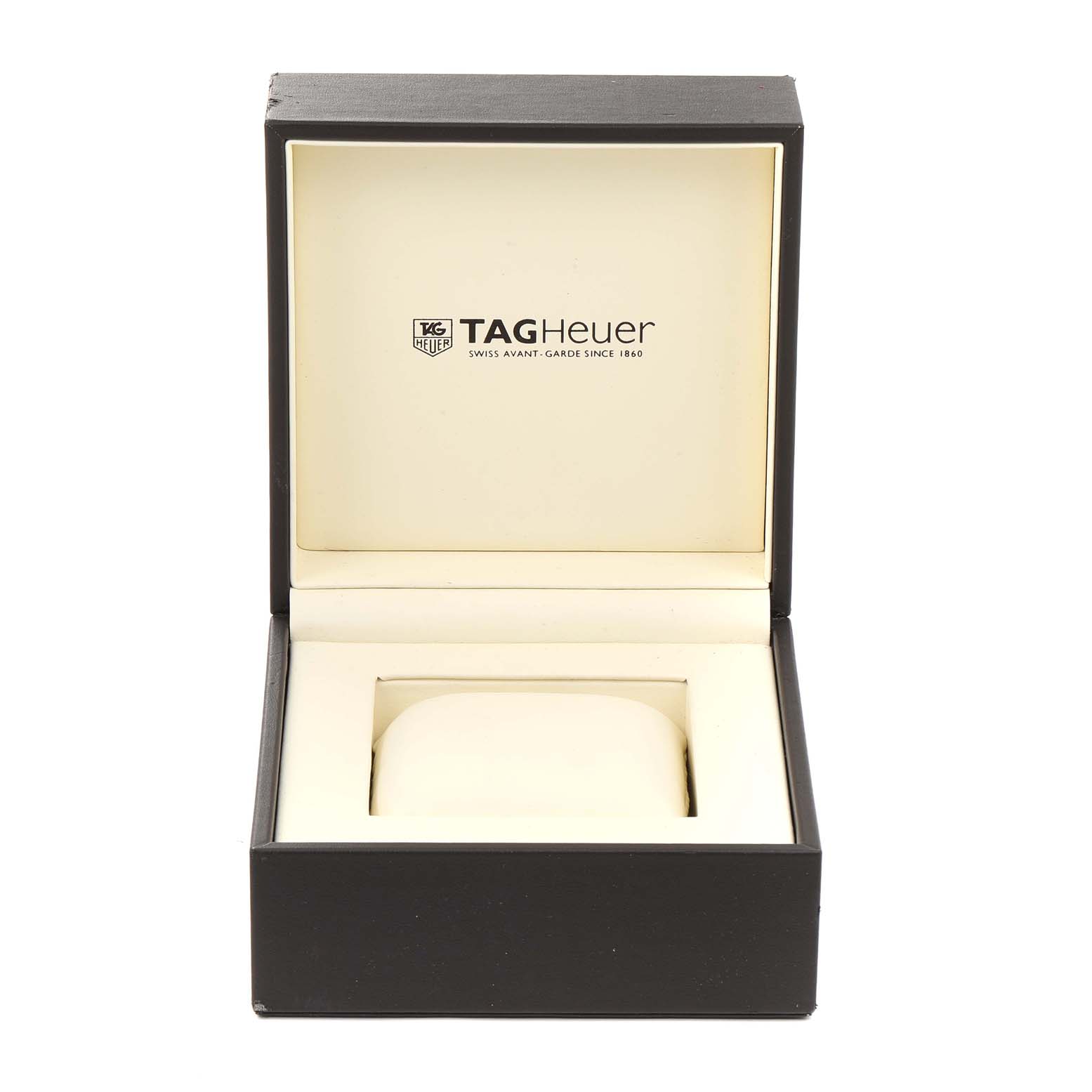 The image shows an open presentation box for the Tag Heuer Carrera CAR2013.FC6313 Men's Stainless Steel Black Dial CAR2013.FC6313 Men's Stainless Steel Black Dial watch.