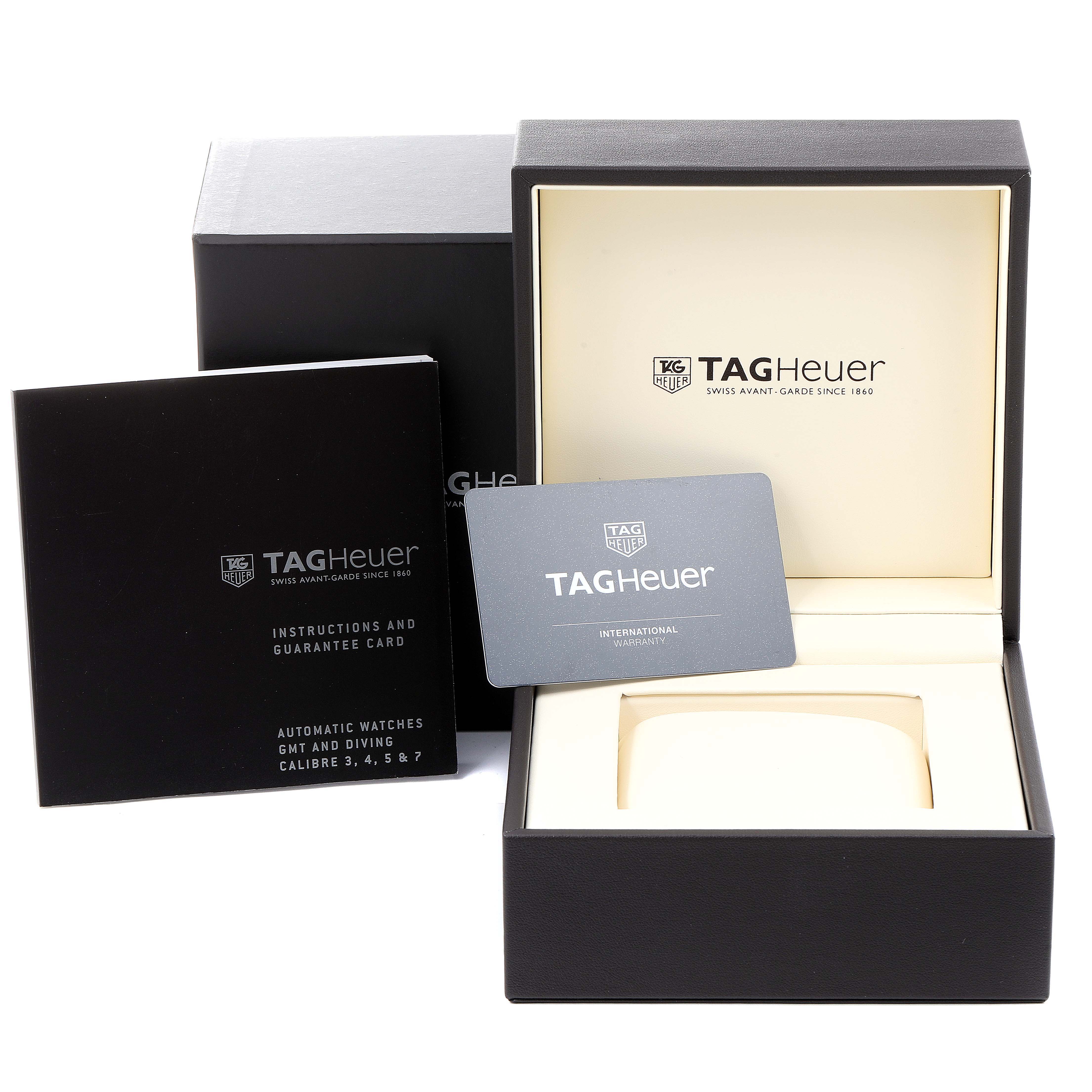 The image shows the packaging, instructions, and warranty card for a Tag Heuer Carrera WAR201C.BA0723 Men's Stainless Steel Grey Dial WAR201C.BA0723 Men's Stainless Steel Grey Dial watch.