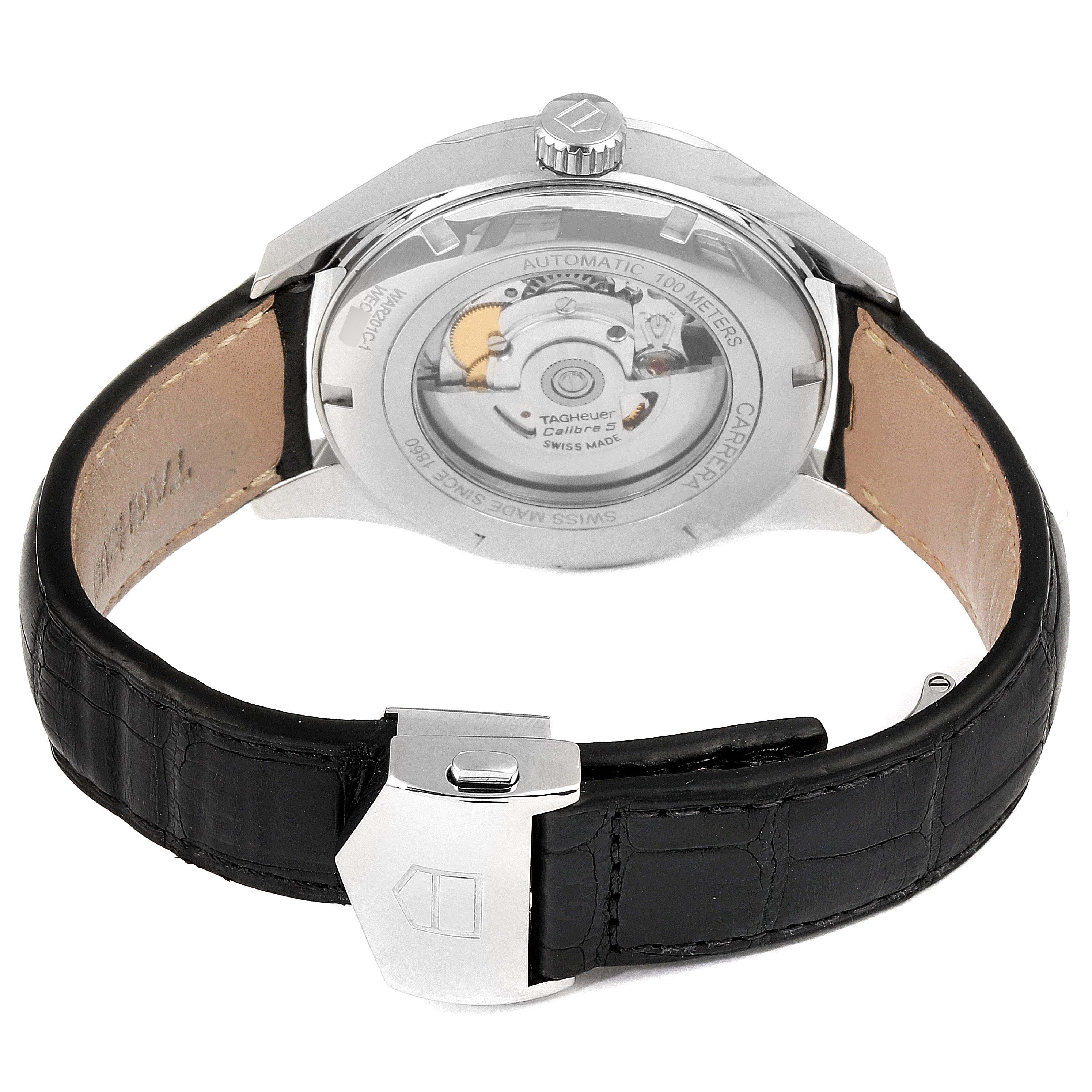 The image shows the back view of a Tag Heuer Carrera WAR201C.BA0723 Men's Stainless Steel Grey Dial WAR201C.BA0723 Men's Stainless Steel Grey Dial watch, revealing its automatic movement and black leather strap.