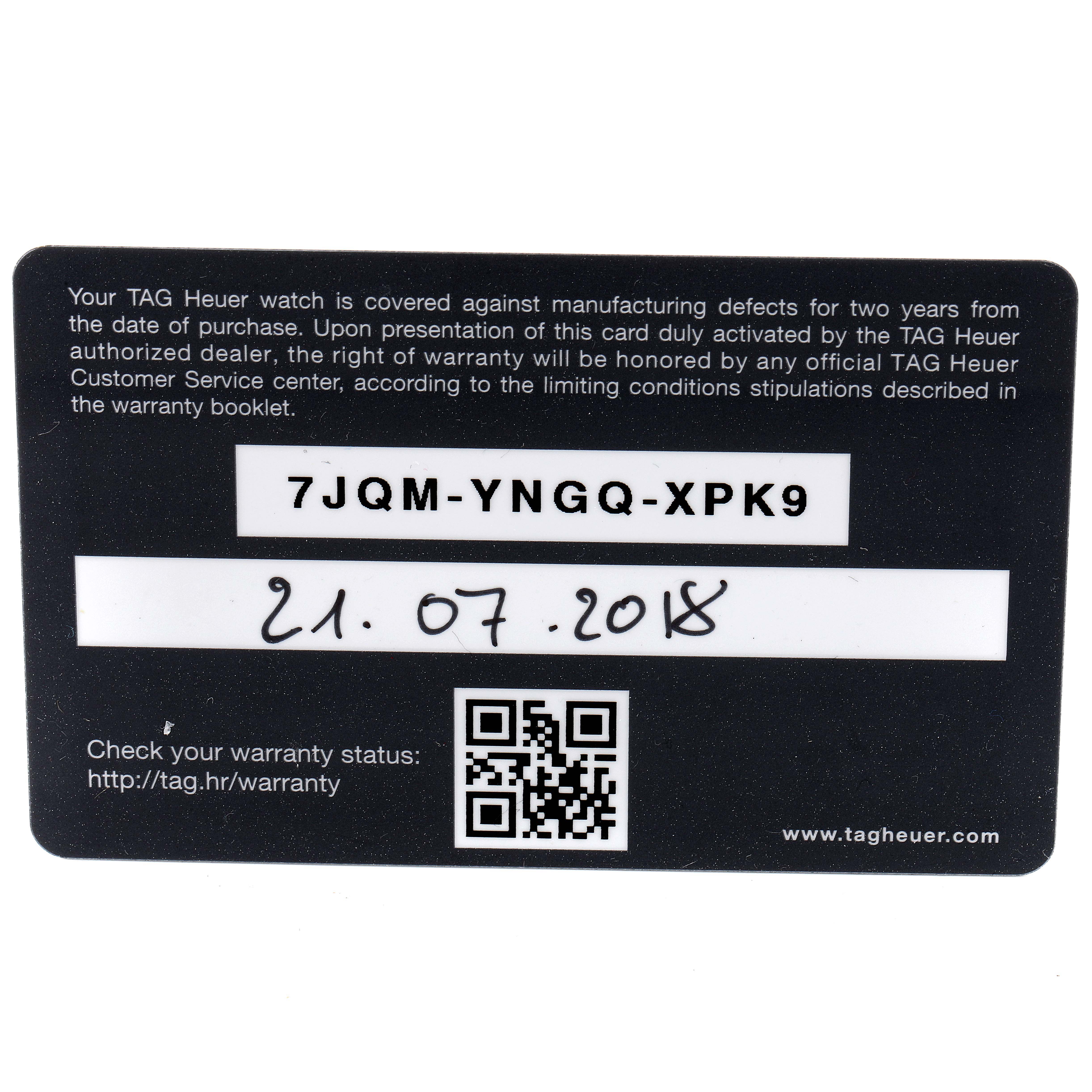 This is a warranty card for the Tag Heuer Carrera WAR201C.BA0723 Men's Stainless Steel Grey Dial WAR201C.BA0723 Men's Stainless Steel Grey Dial model, displaying a serial number, date of purchase, and a QR code.