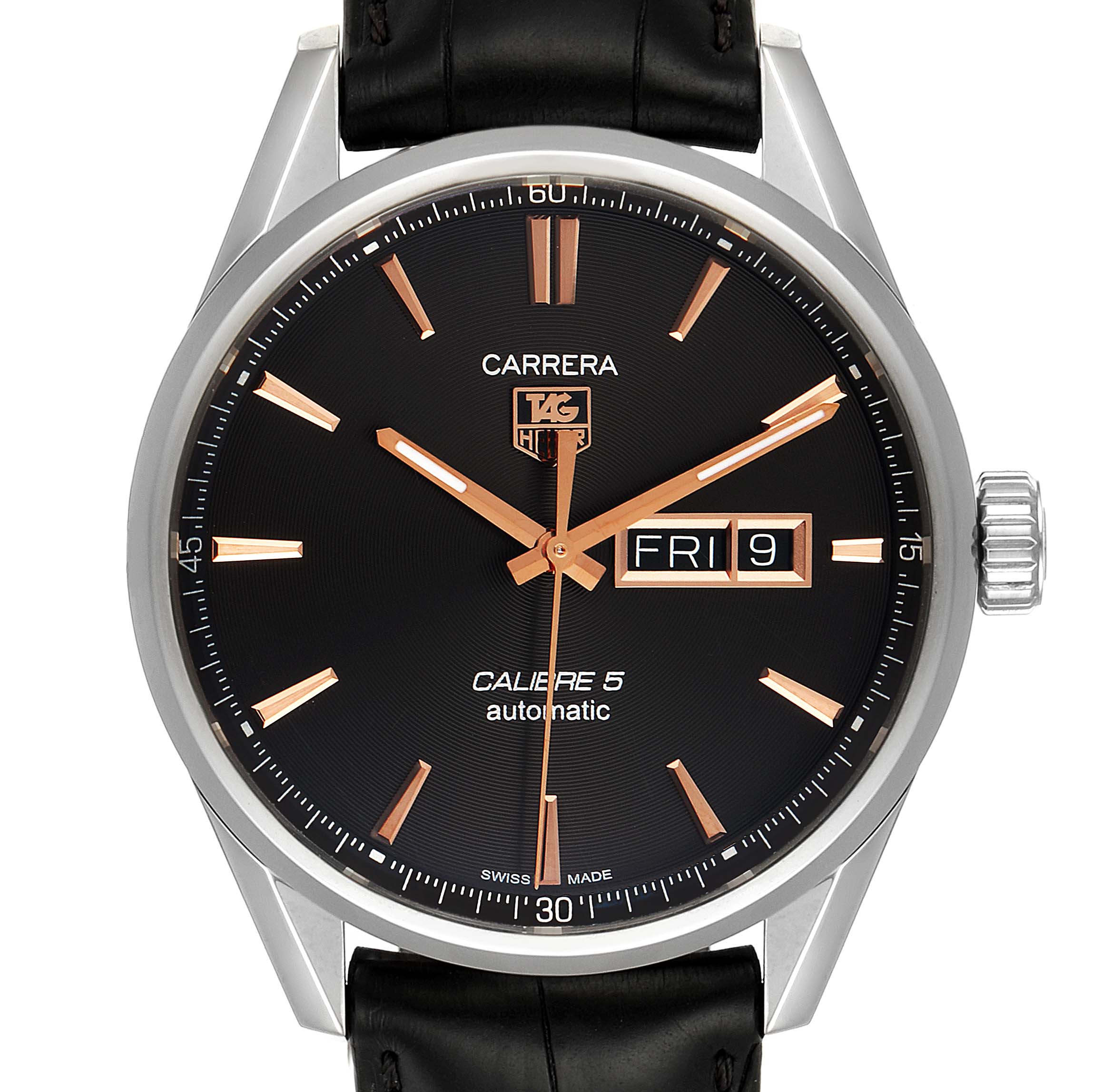 This image shows a front view of the Tag Heuer Carrera WAR201C.BA0723 Men's Stainless Steel Grey Dial WAR201C.BA0723 Men's Stainless Steel Grey Dial Calibre 5 automatic watch, displaying its black dial, date window, and silver case.