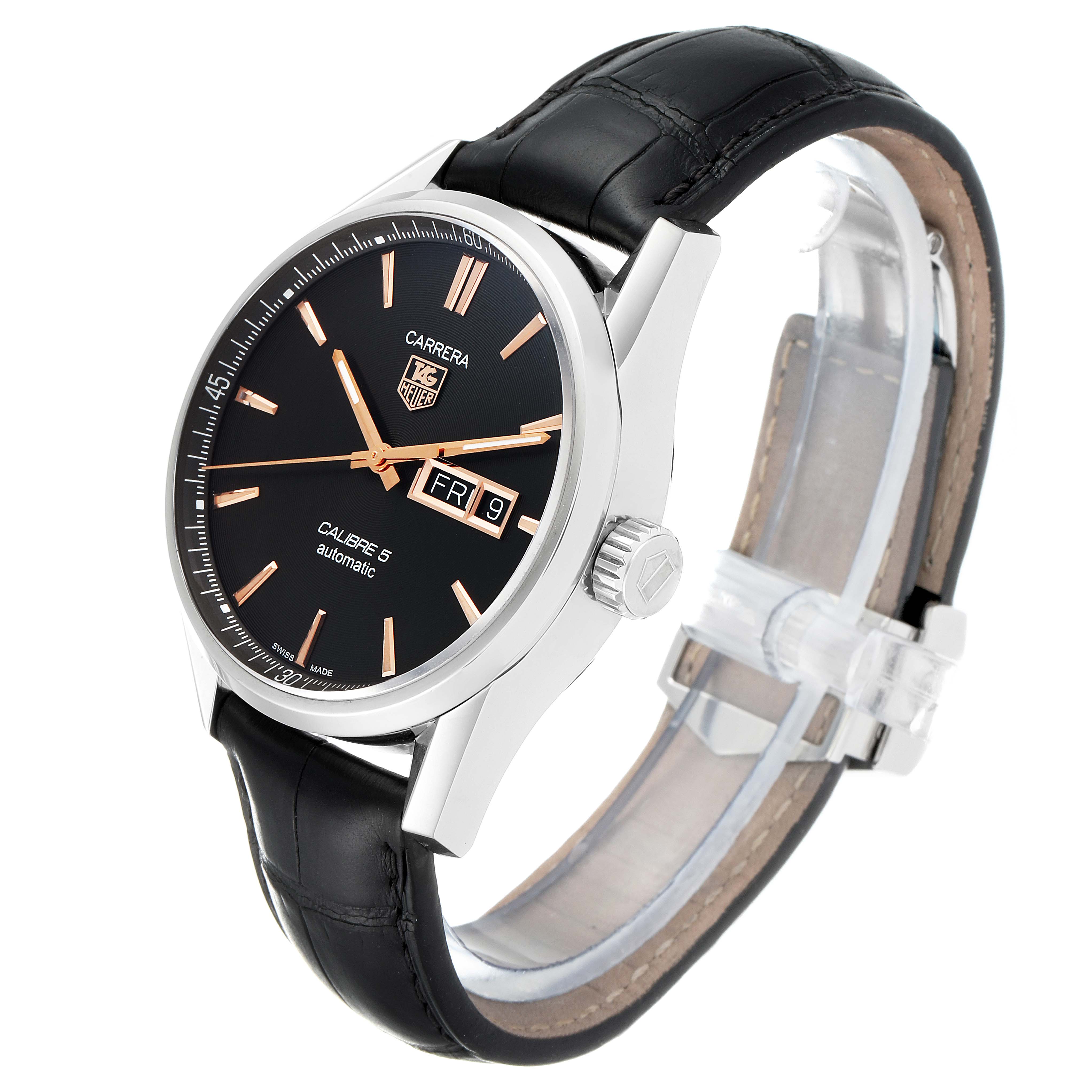 The Tag Heuer Carrera WAR201C.BA0723 Men's Stainless Steel Grey Dial WAR201C.BA0723 Men's Stainless Steel Grey Dial model watch is shown from a three-quarter angle, displaying its dial, crown, and leather strap.