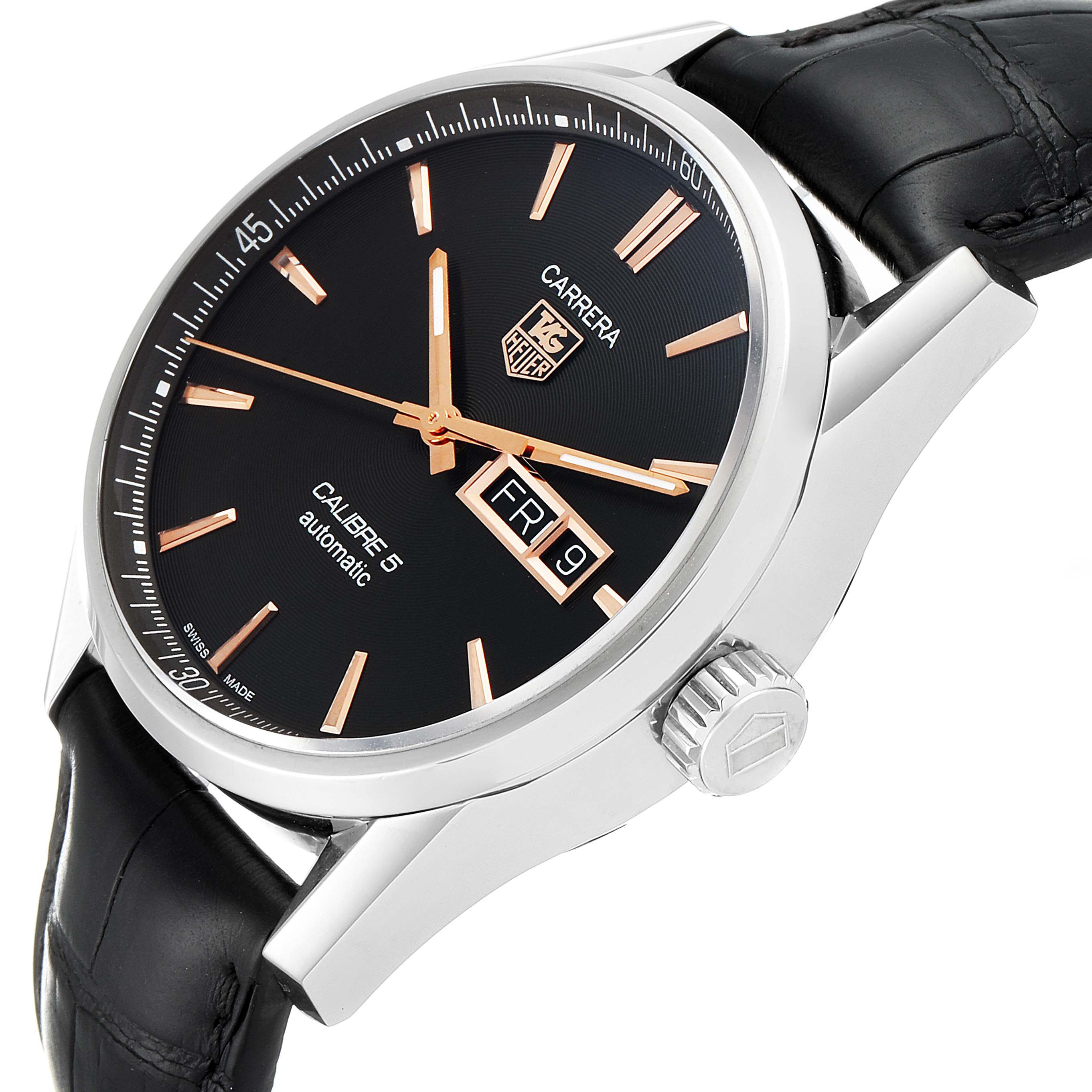 The Tag Heuer Carrera WAR201C.BA0723 Men's Stainless Steel Grey Dial WAR201C.BA0723 Men's Stainless Steel Grey Dial watch is shown at a slight side angle, highlighting its black dial, crown, and leather strap.