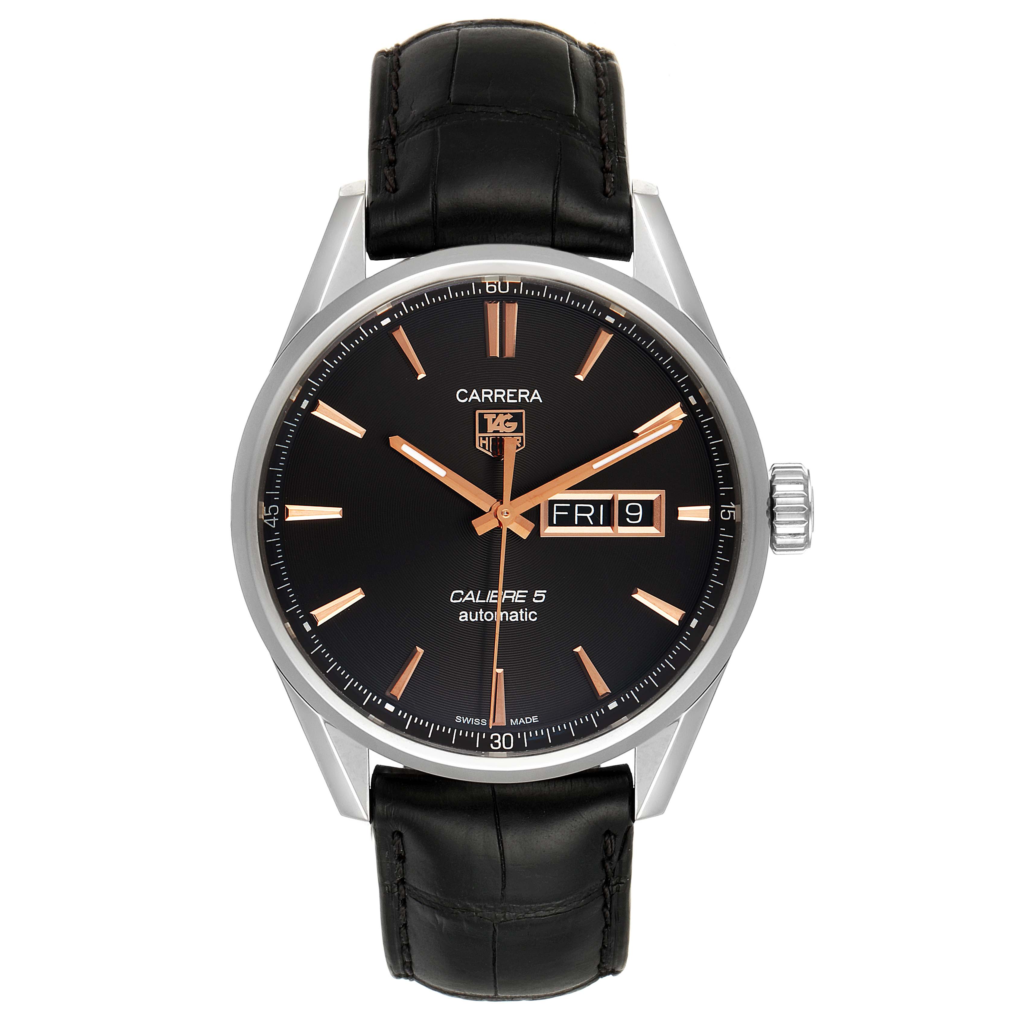 The image shows a front view of a Tag Heuer Carrera WAR201C.BA0723 Men's Stainless Steel Grey Dial WAR201C.BA0723 Men's Stainless Steel Grey Dial Calibre 5 Automatic watch with a black dial and leather strap.