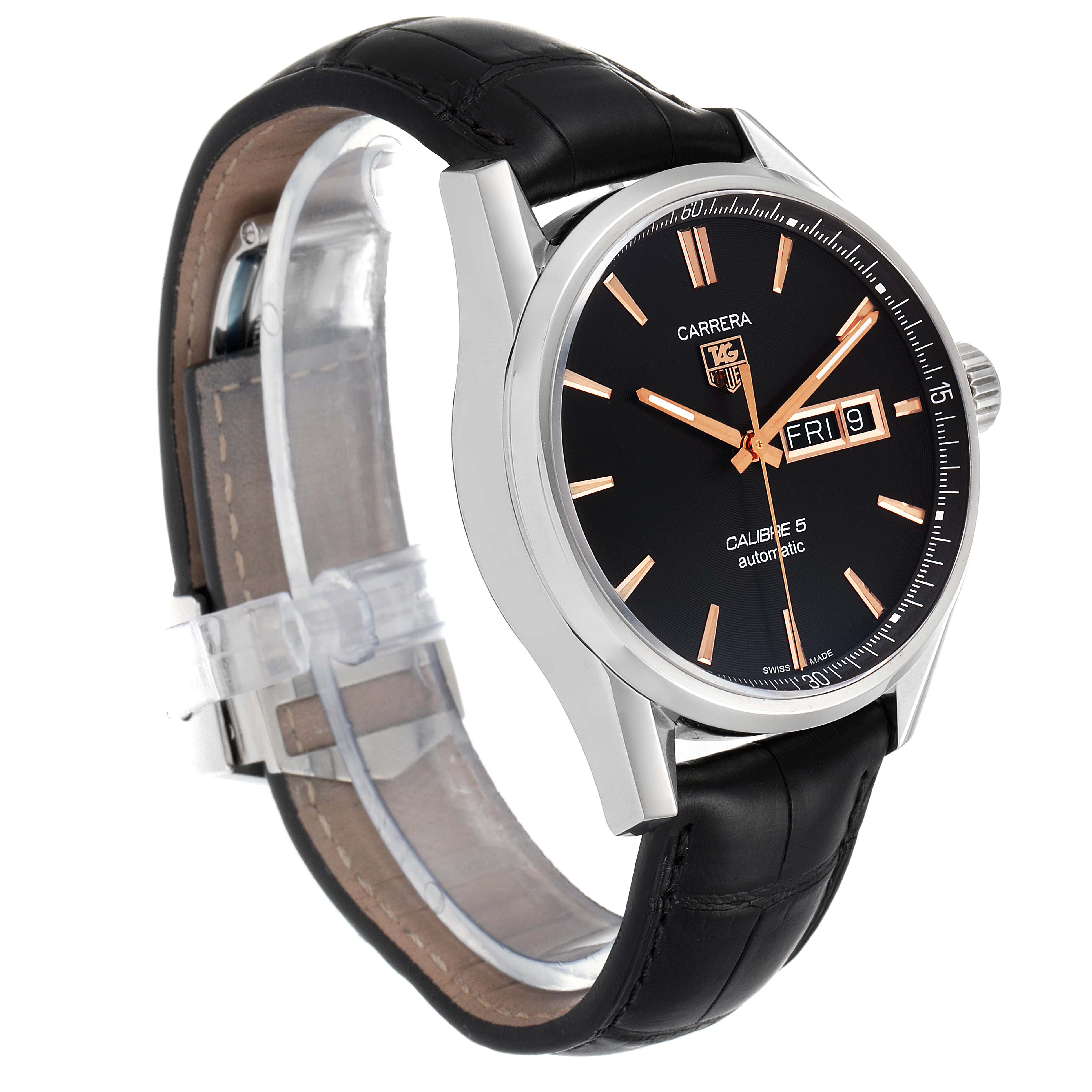 This image shows a side angle of the Tag Heuer Carrera WAR201C.BA0723 Men's Stainless Steel Grey Dial WAR201C.BA0723 Men's Stainless Steel Grey Dial watch, highlighting its black dial, silver case, and black leather strap.