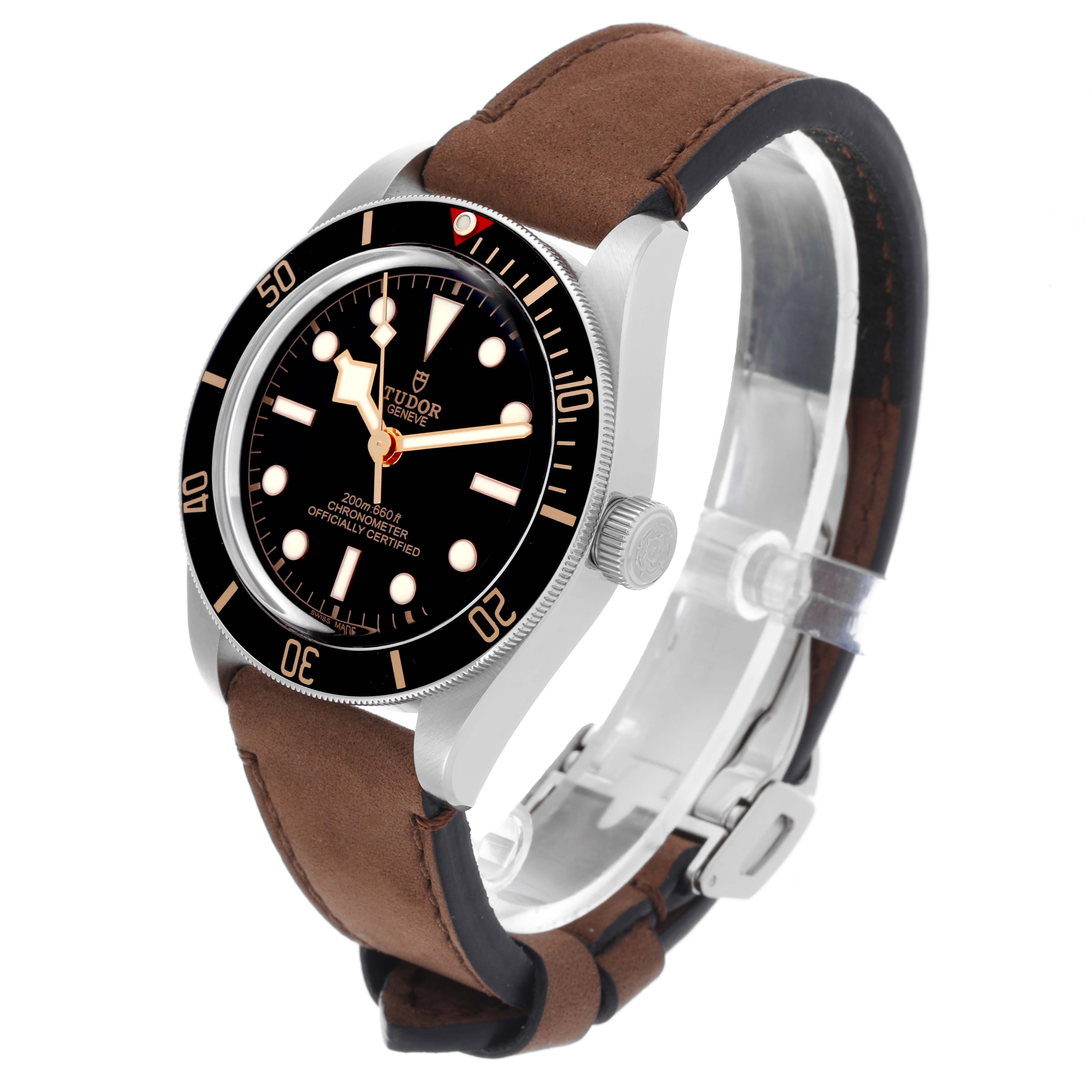 The Tudor Heritage Black Bay 79030N-0002 Men's Stainless Steel Black Dial 79030N-0002 Men's Stainless Steel Black Dial watch is shown at a three-quarter angle, highlighting the dial, bezel, crown, and leather strap.