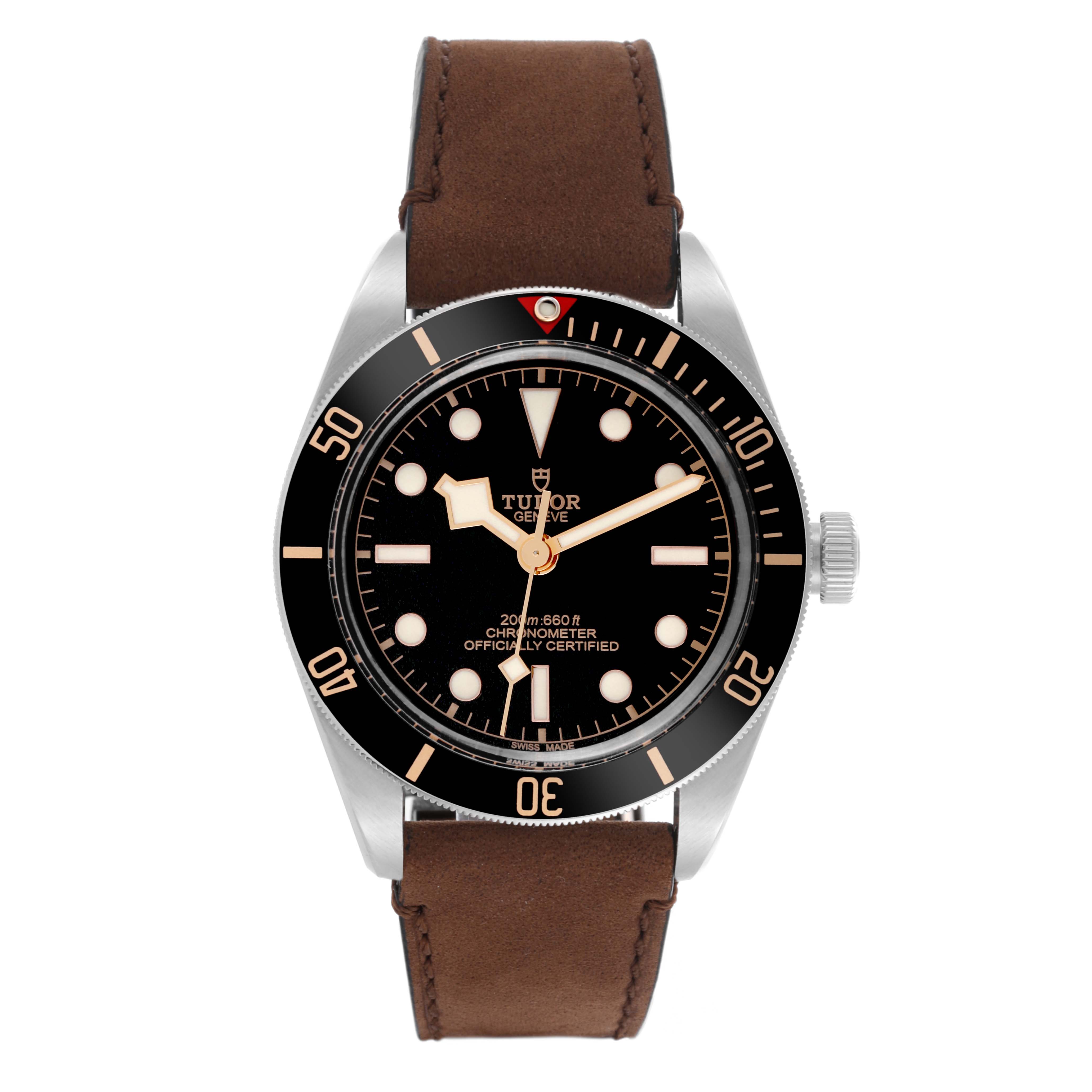 The Tudor Heritage Black Bay 79030N-0002 Men's Stainless Steel Black Dial 79030N-0002 Men's Stainless Steel Black Dial watch is shown from a front angle, displaying its face, bezel, and leather strap.
