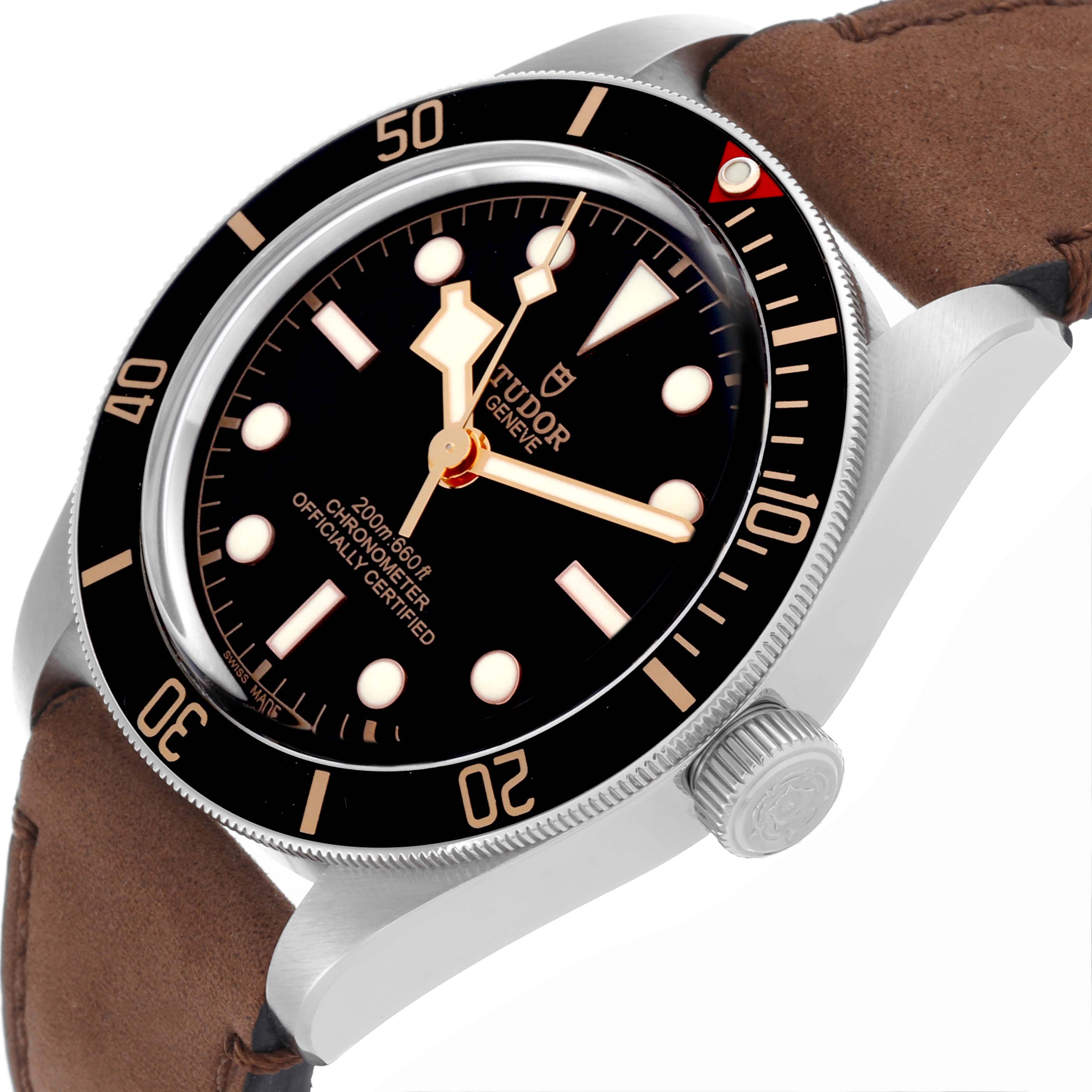 The Tudor Heritage Black Bay 79030N-0002 Men's Stainless Steel Black Dial 79030N-0002 Men's Stainless Steel Black Dial watch is shown from a front-side angle, highlighting the face, bezel, crown, and leather strap.