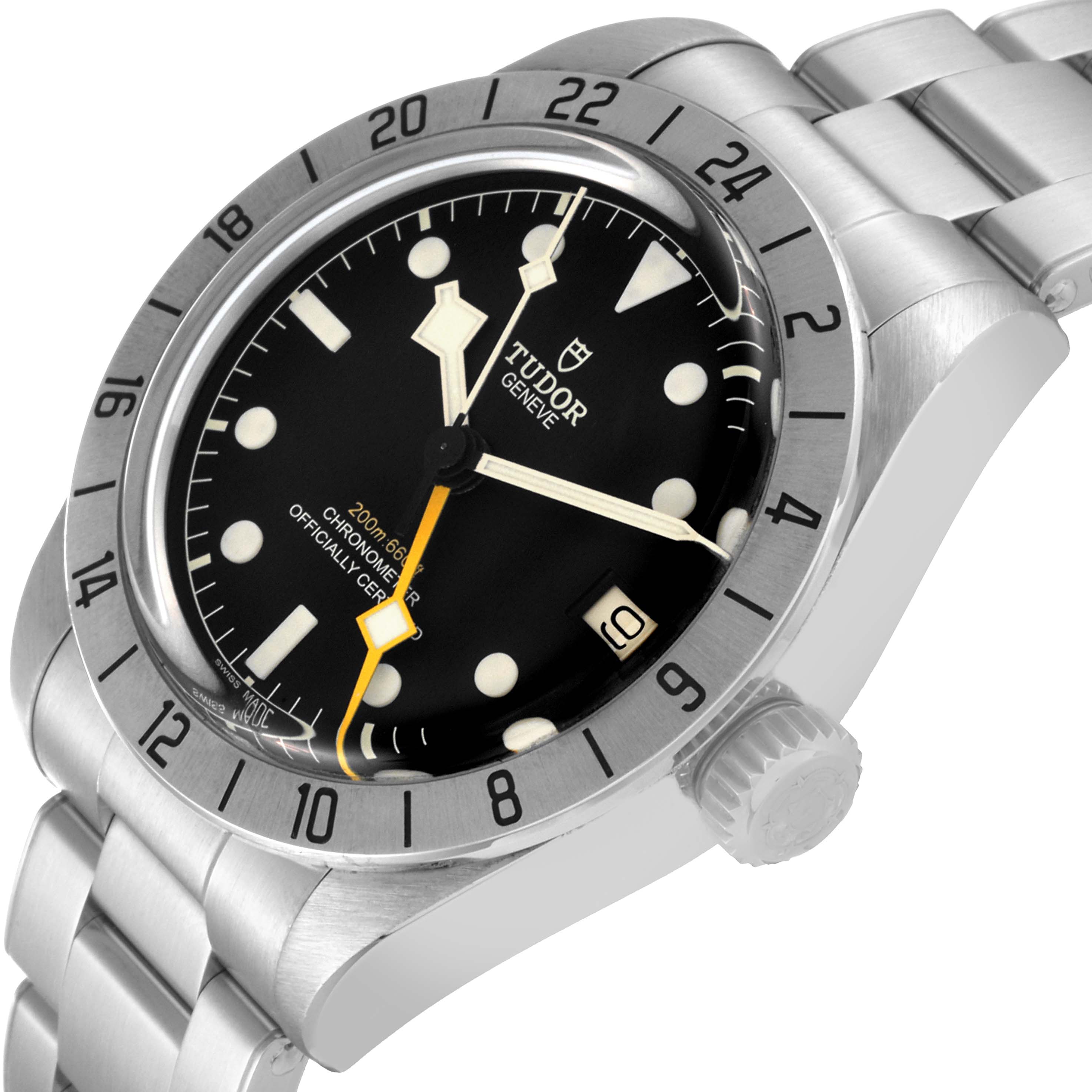 The Tudor Heritage Black Bay M79470-0001 Men
s Stainless Steel Black Dial M79470-0001 Men
s Stainless Steel Black Dial watch is shown from an angled side view, highlighting its dial, bezel, crown, and stainless steel bracelet.