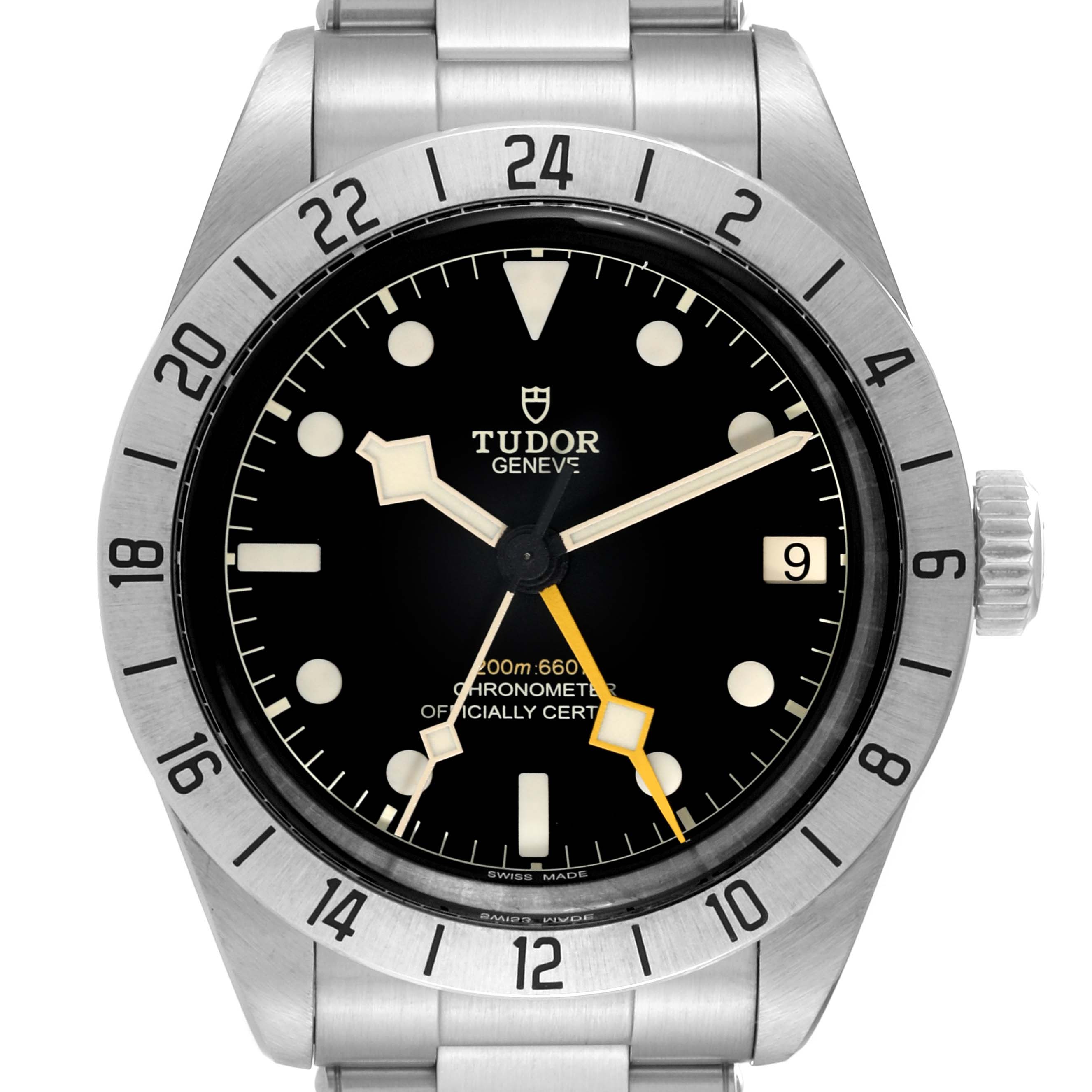 This image shows a front view of the Tudor Heritage Black Bay M79470-0001 Men
s Stainless Steel Black Dial M79470-0001 Men
s Stainless Steel Black Dial watch, displaying the dial, bezel, hands, and bracelet.