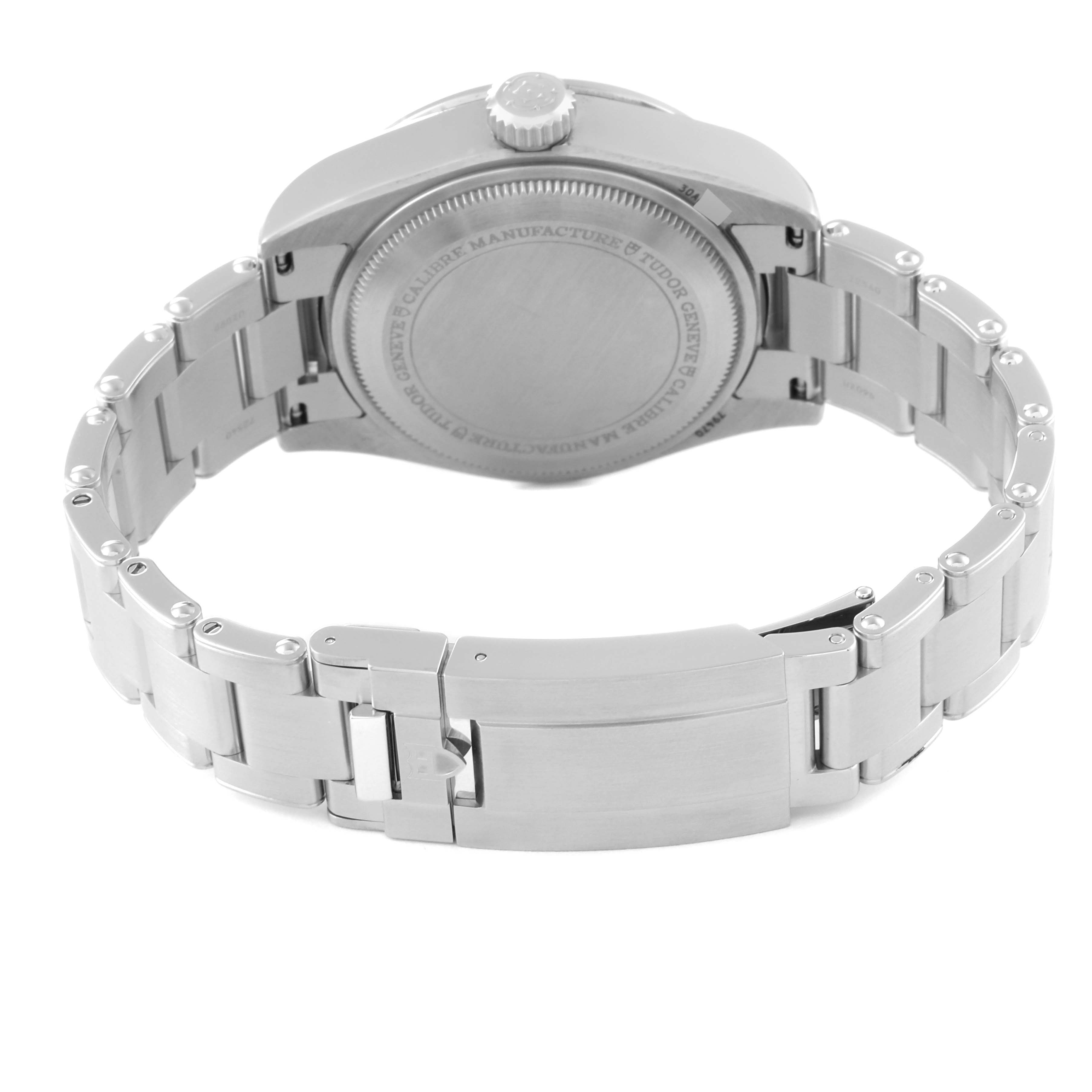 This image shows the back and bracelet of the Tudor Heritage Black Bay M79470-0001 Men
s Stainless Steel Black Dial M79470-0001 Men
s Stainless Steel Black Dial watch, focusing on the clasp and case back.