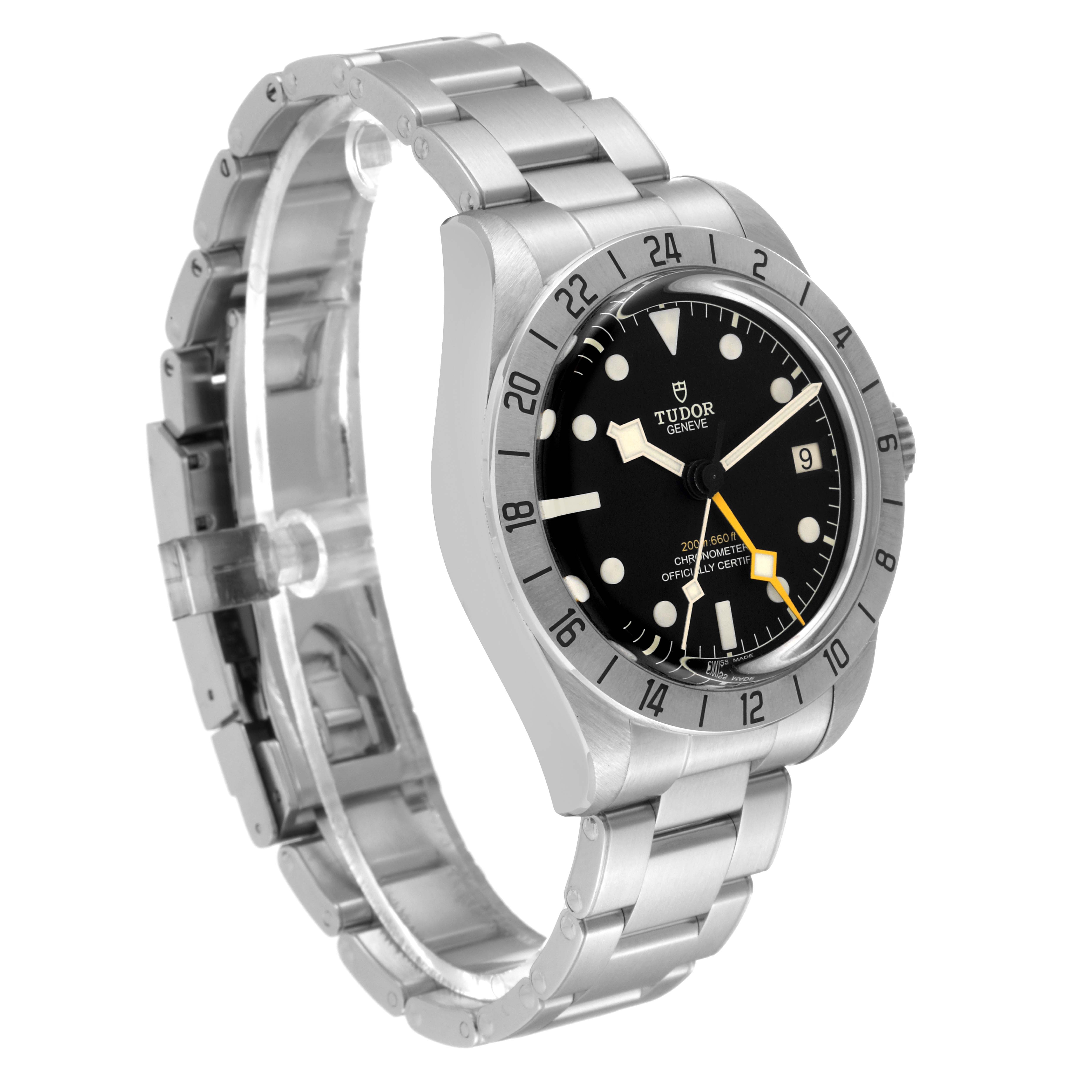 The angle shows a side-front view of the Tudor Heritage Black Bay M79470-0001 Men
s Stainless Steel Black Dial M79470-0001 Men
s Stainless Steel Black Dial watch, highlighting its bezel, dial, and metal bracelet.