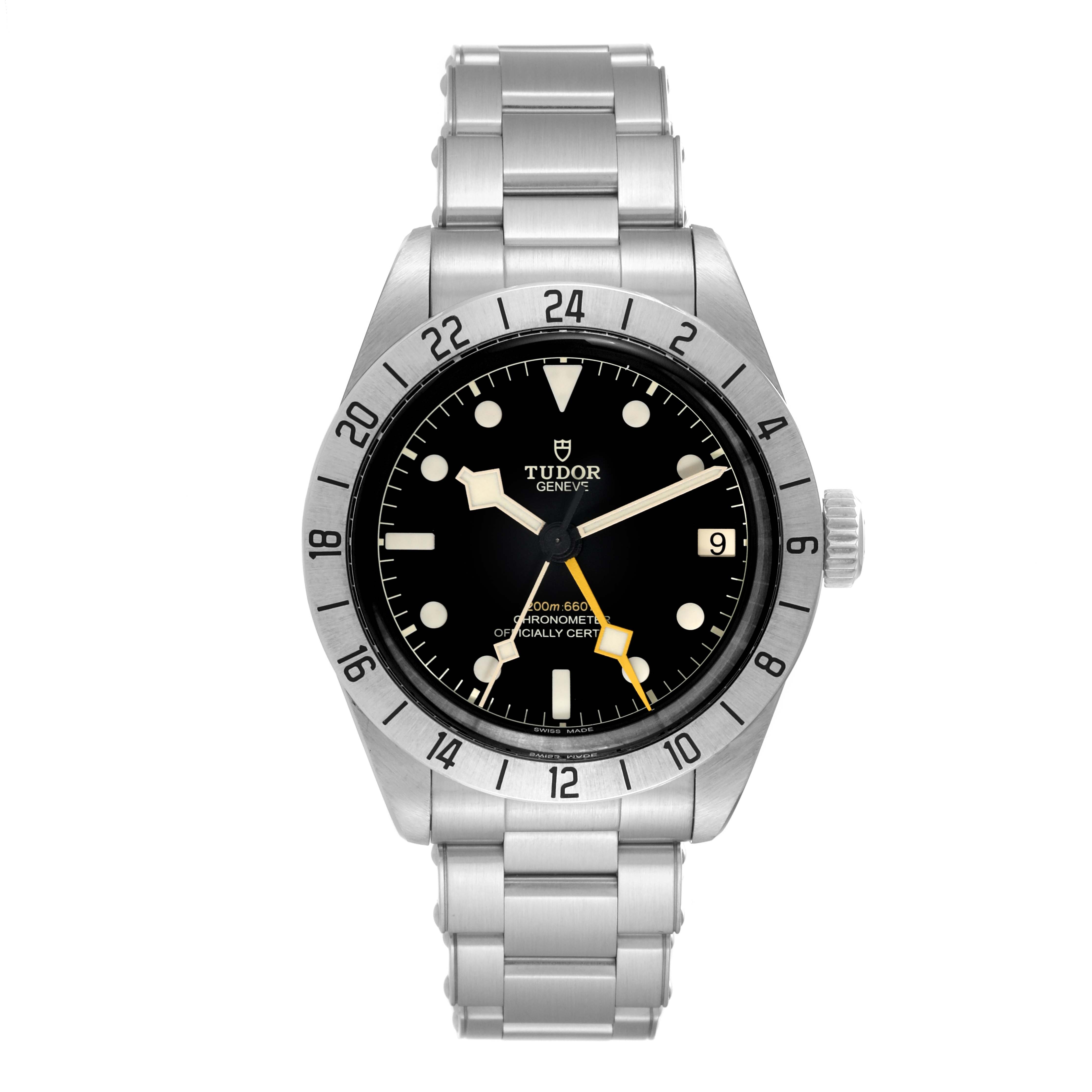 The image shows a frontal view of the Tudor Heritage Black Bay M79470-0001 Men
s Stainless Steel Black Dial M79470-0001 Men
s Stainless Steel Black Dial watch, highlighting its black dial, bezel, and stainless steel bracelet.
