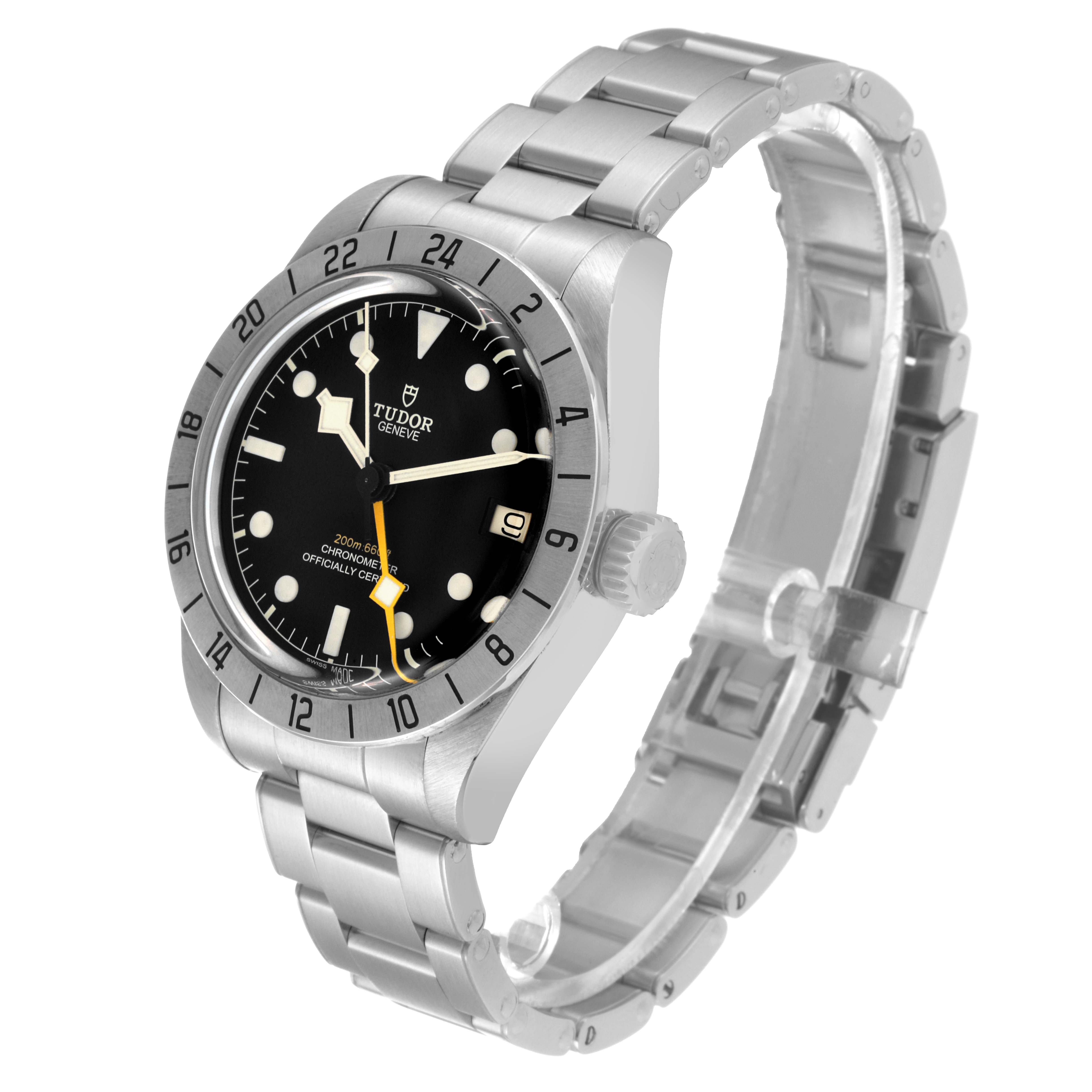 The Tudor Heritage Black Bay M79470-0001 Men
s Stainless Steel Black Dial M79470-0001 Men
s Stainless Steel Black Dial watch is shown at an angle displaying its face, bezel, crown, and bracelet.