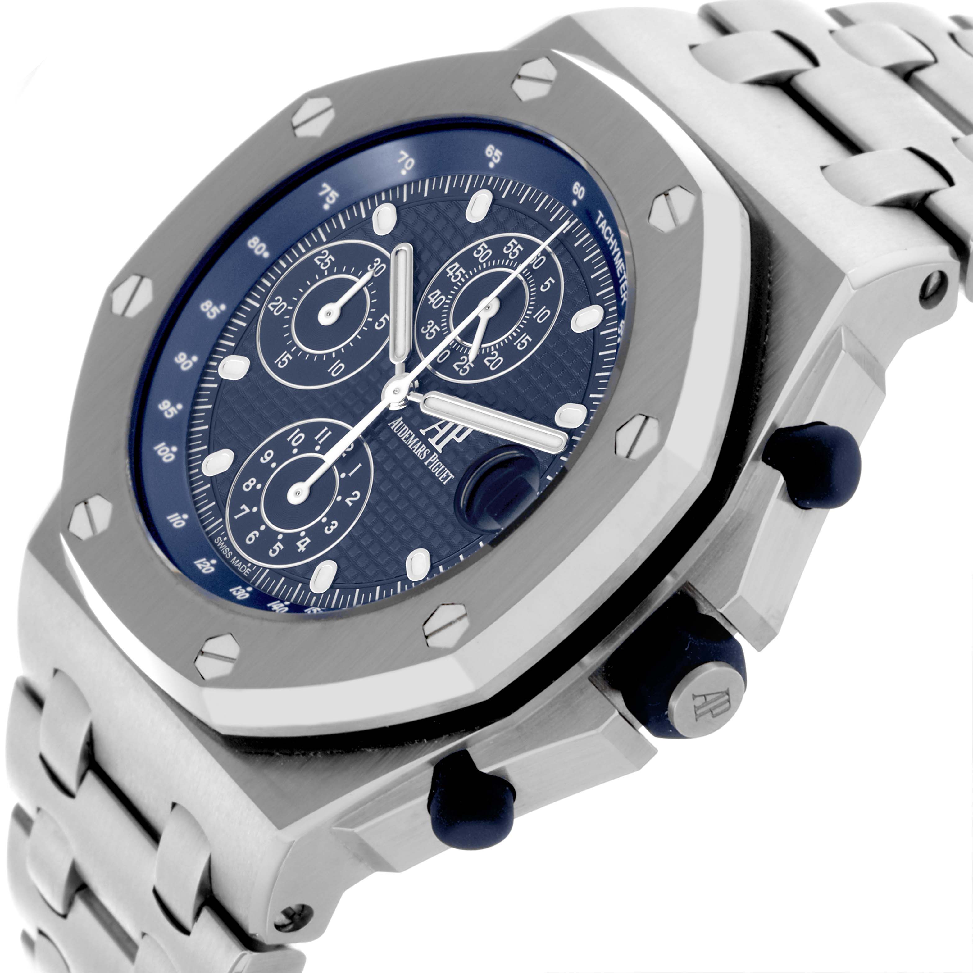 The Audemars Piguet Royal Oak Offshore 26237ST.OO.1000ST.01.A Men's Stainless Steel Blue Dial 26237ST.OO.1000ST.01.A Men's Stainless Steel Blue Dial watch is shown at an angle highlighting its blue dial, pushers, bezel, and bracelet.