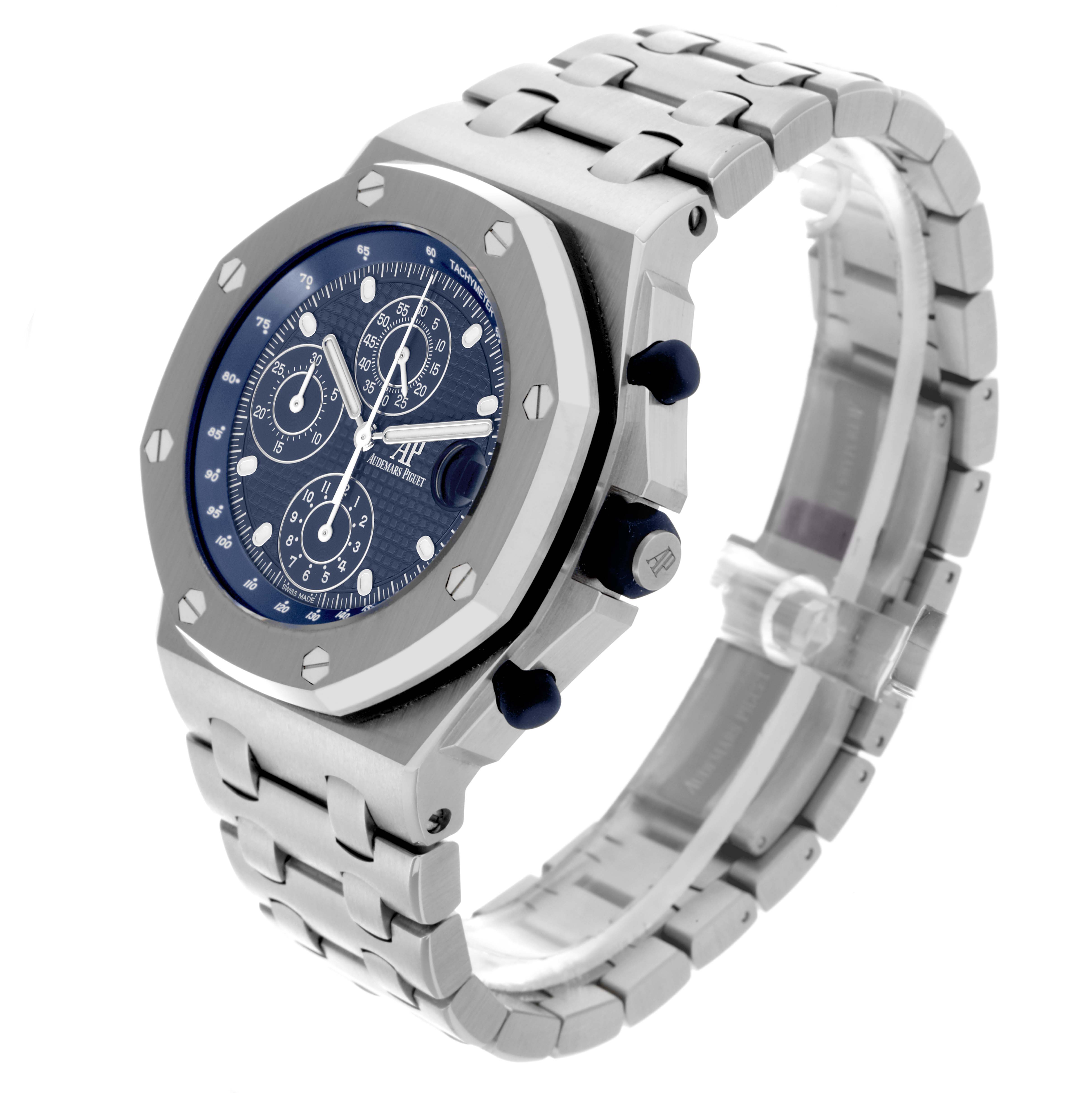 The Audemars Piguet Royal Oak Offshore 26237ST.OO.1000ST.01.A Men's Stainless Steel Blue Dial 26237ST.OO.1000ST.01.A Men's Stainless Steel Blue Dial watch is angled to show the face, side pushers, and bracelet prominently.