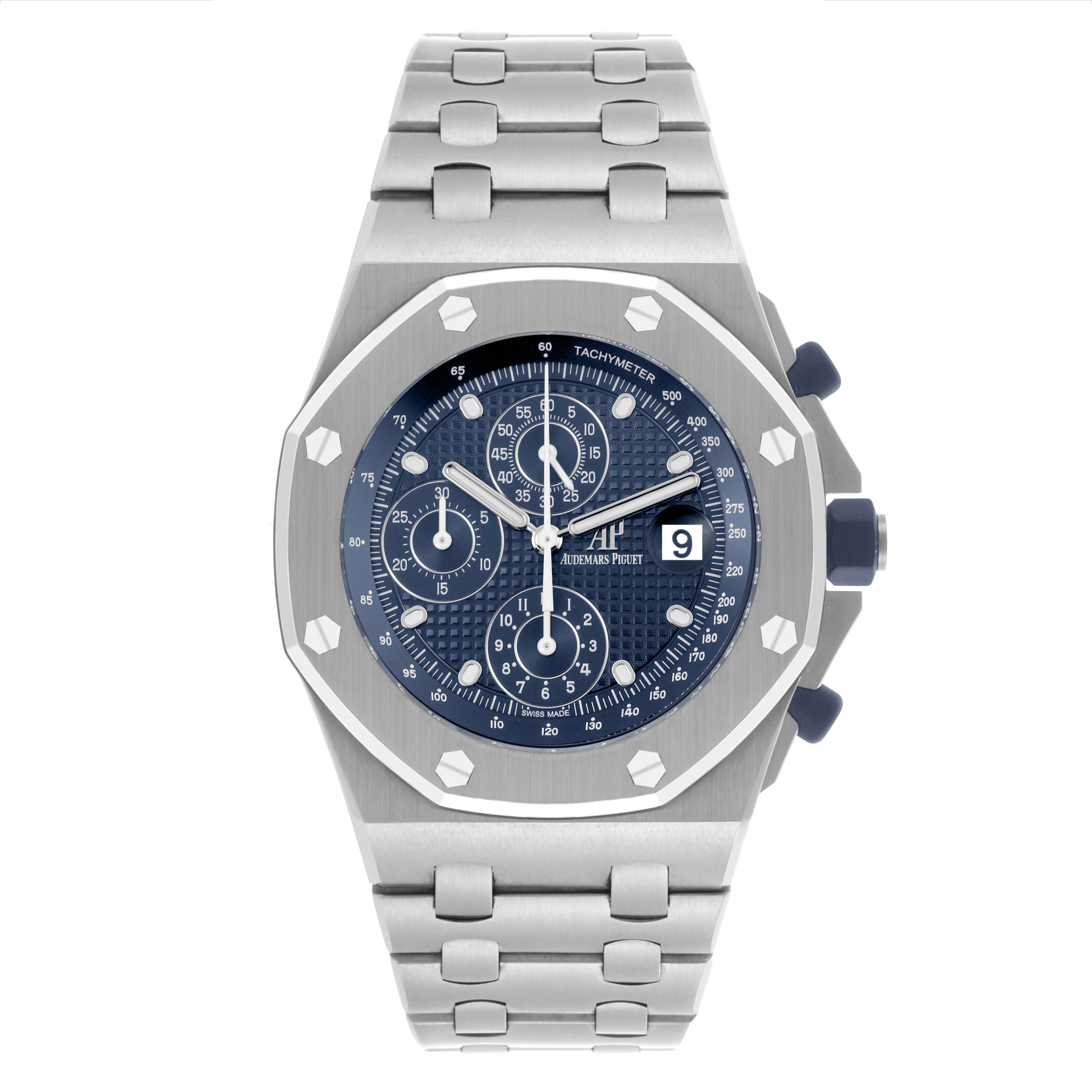 The Audemars Piguet Royal Oak Offshore 26237ST.OO.1000ST.01.A Men's Stainless Steel Blue Dial 26237ST.OO.1000ST.01.A Men's Stainless Steel Blue Dial watch is shown from a top-down angle, displaying its dial, bezel, and bracelet.