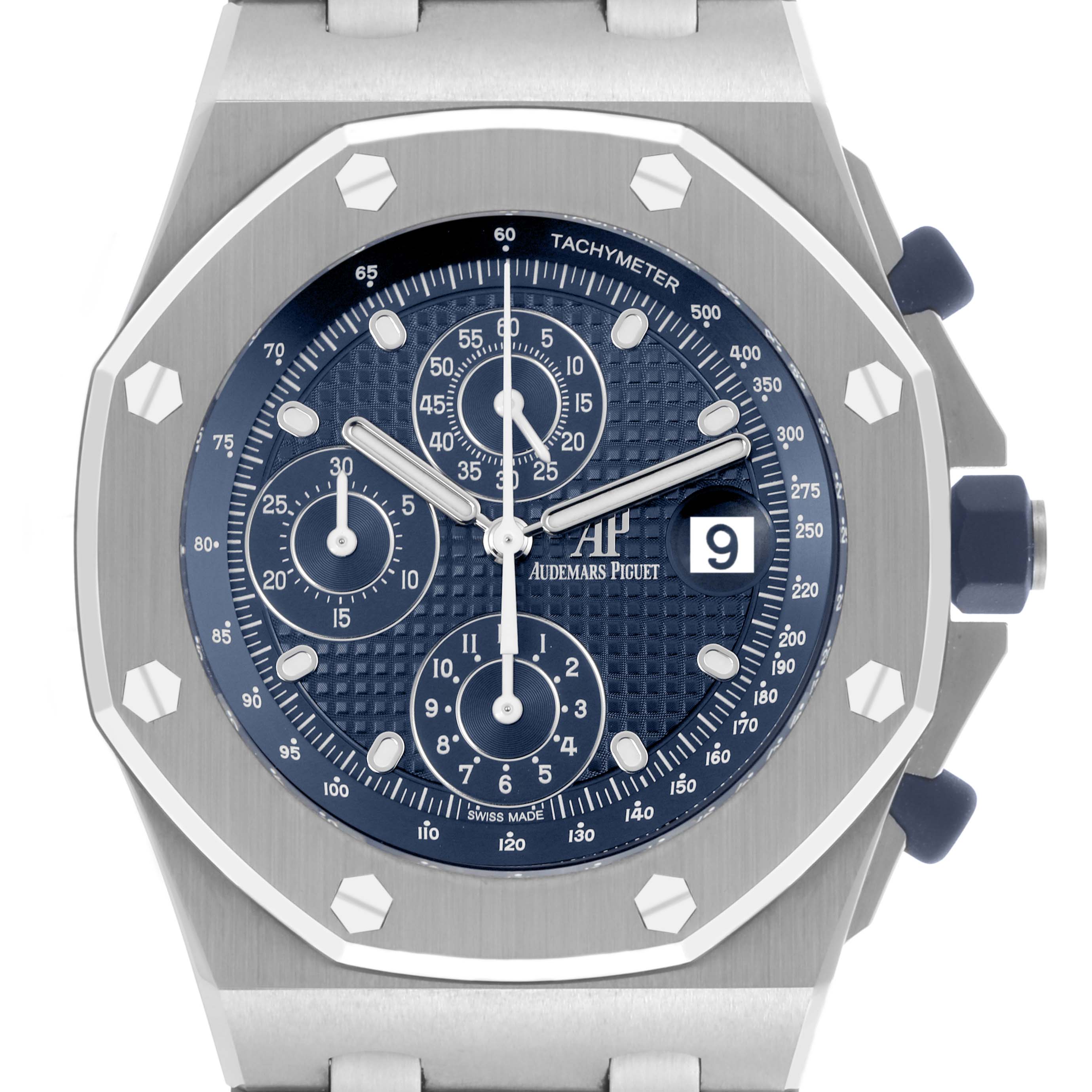 The Royal Oak Offshore by Audemars Piguet is shown from the front, highlighting the dial, bezel, subdials, and date window.