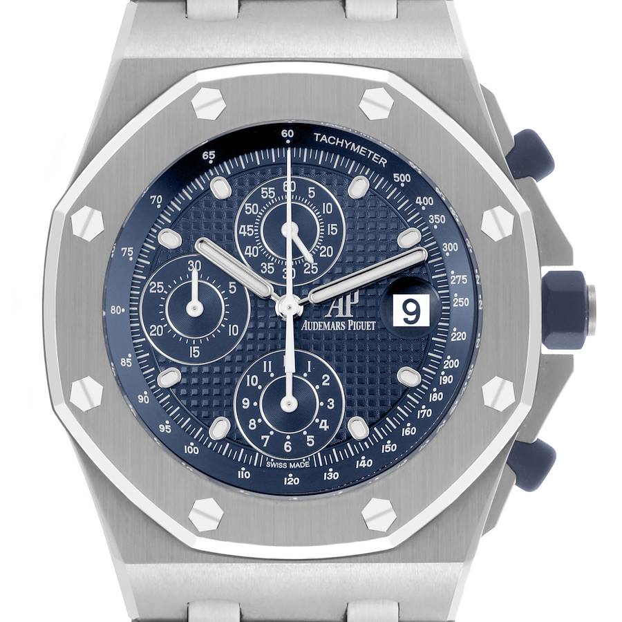 The Royal Oak Offshore by Audemars Piguet is shown from the front, highlighting the dial, bezel, subdials, and date window.