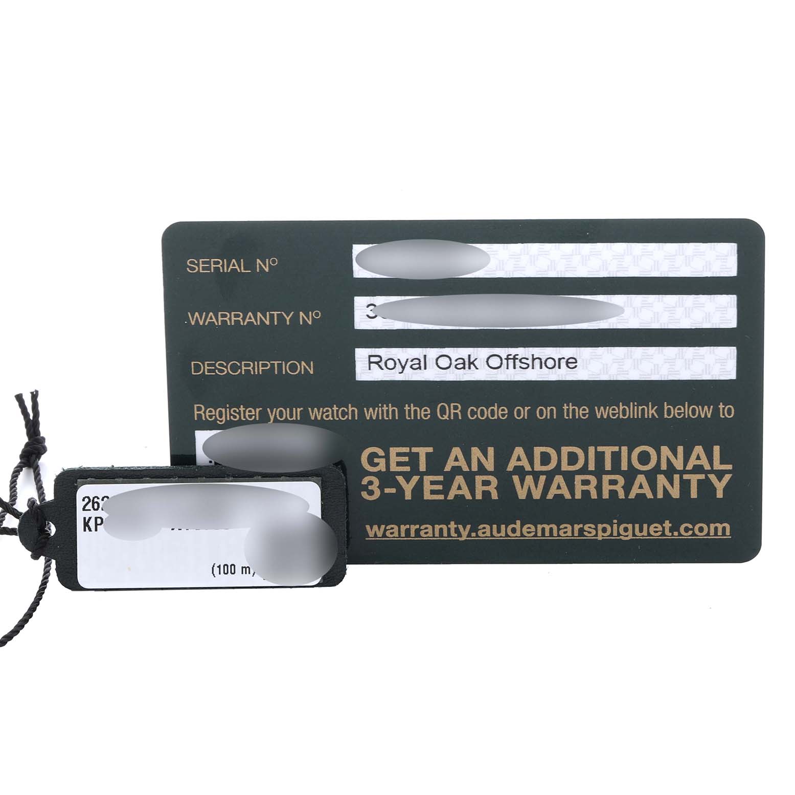 The image shows the warranty card and tag for an Audemars Piguet Royal Oak Offshore 26237ST.OO.1000ST.01.A Men's Stainless Steel Blue Dial 26237ST.OO.1000ST.01.A Men's Stainless Steel Blue Dial watch.