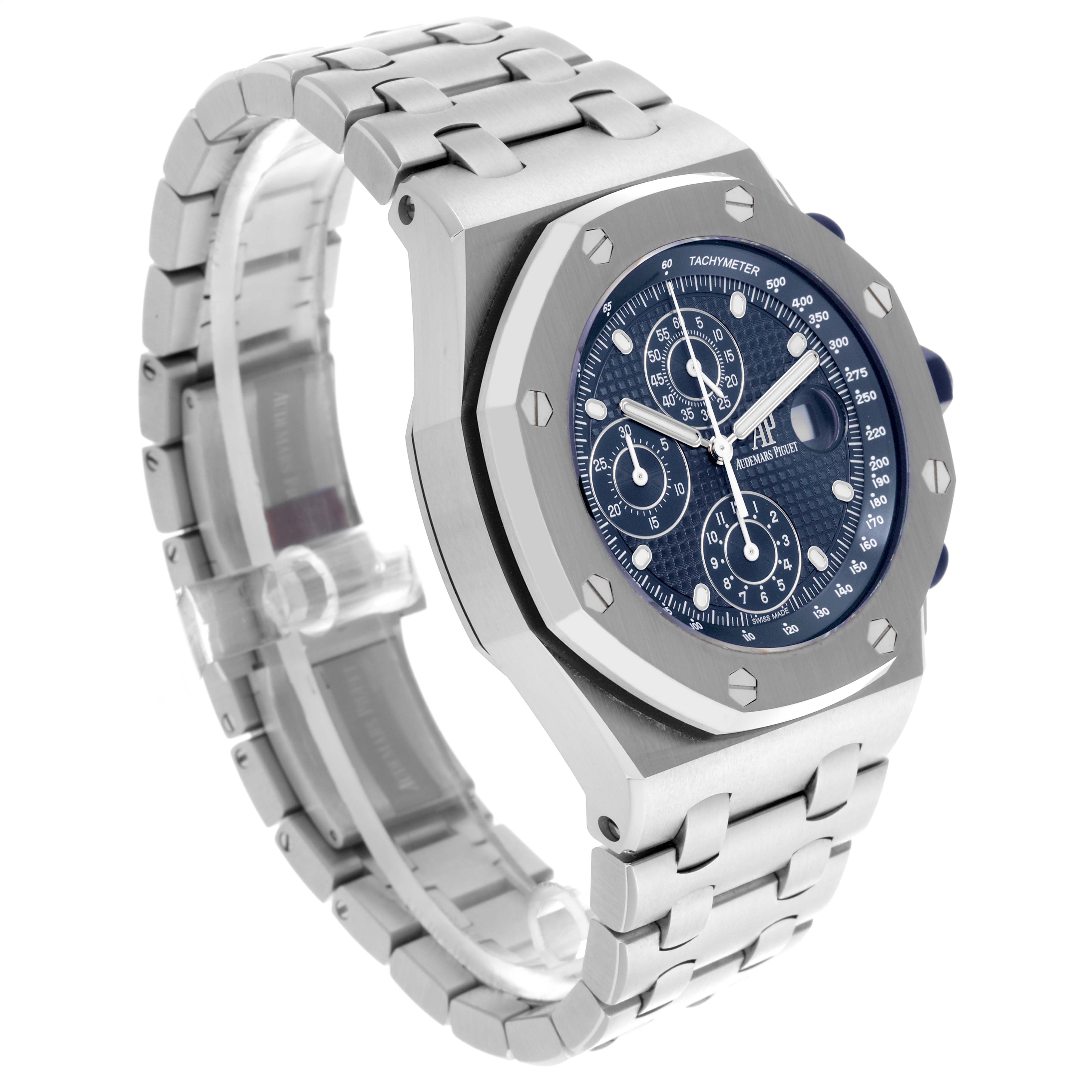 The Audemars Piguet Royal Oak Offshore 26237ST.OO.1000ST.01.A Men's Stainless Steel Blue Dial 26237ST.OO.1000ST.01.A Men's Stainless Steel Blue Dial watch is shown at a slight angle, highlighting its face, bezel, and bracelet.