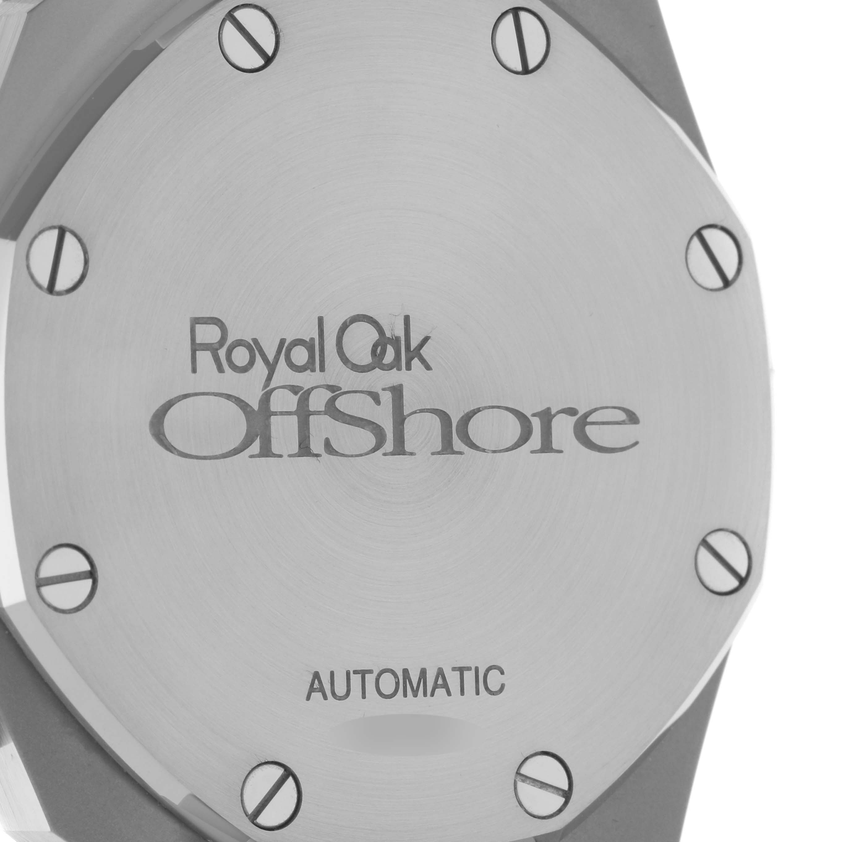 The image shows the back case of a Royal Oak Offshore model by Audemars Piguet, displaying the brand and model name with visible screws.