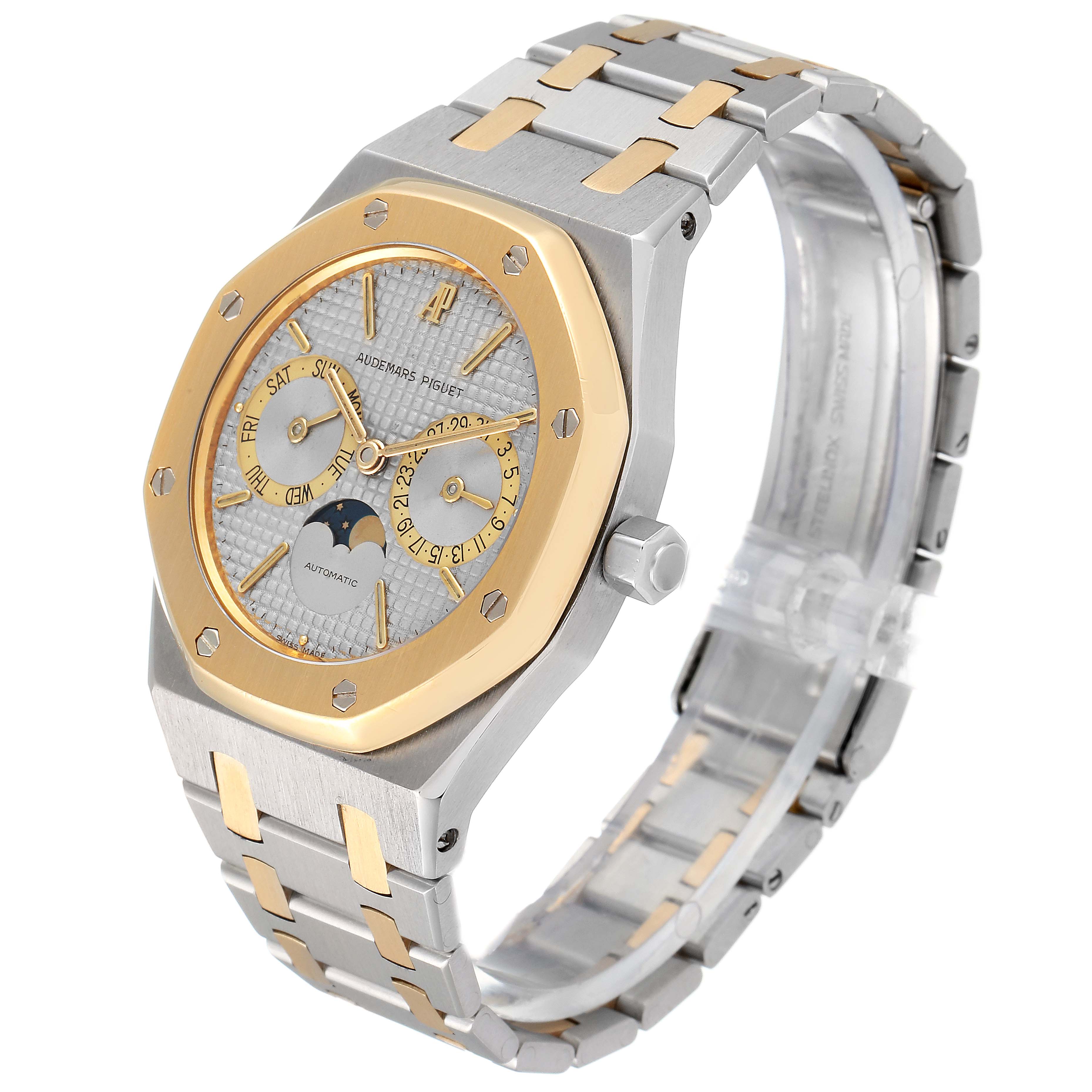 The image shows the face and band of a Royal Oak model watch by Audemars Piguet at a three-quarter angle.