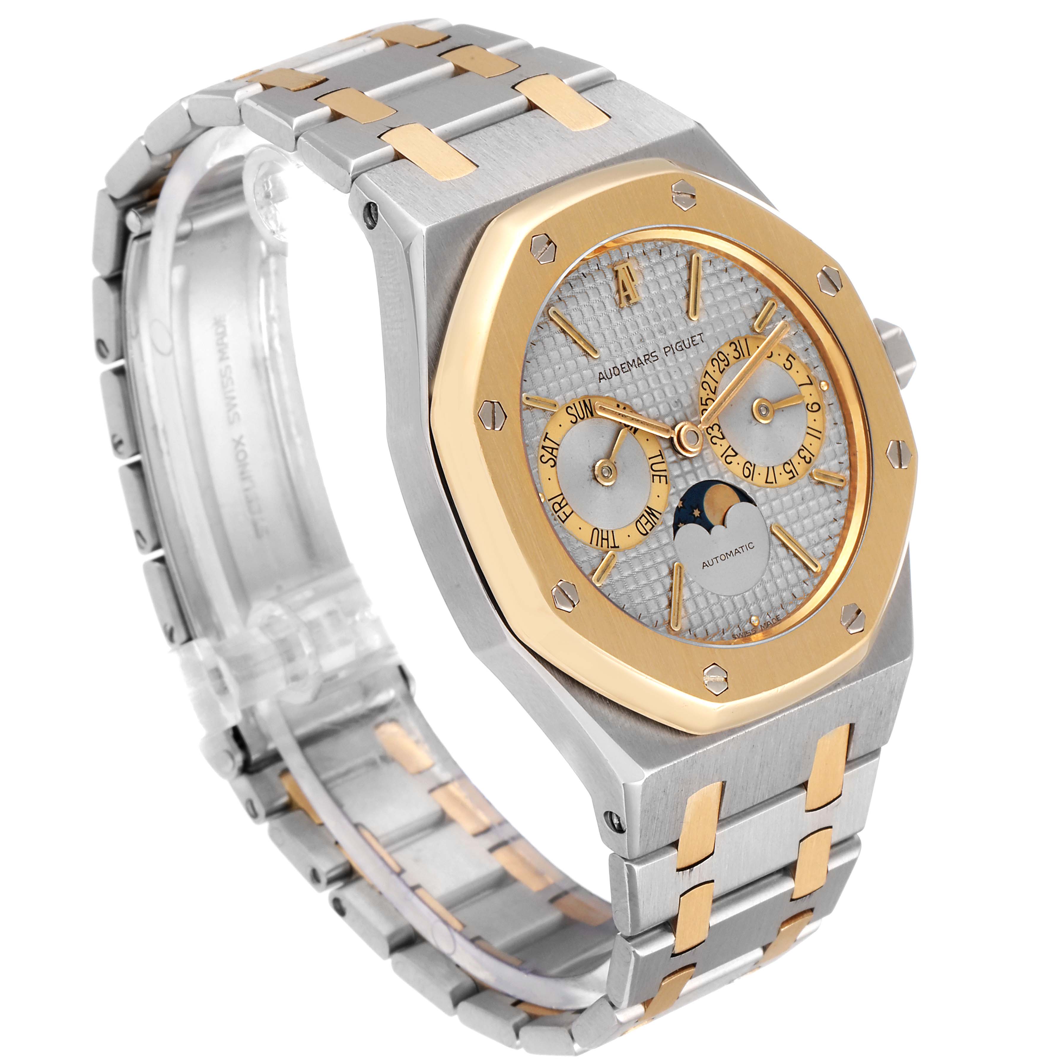 This image showcases the Audemars Piguet Royal Oak 25594SA.O.0789SA.01 Men's Steel and Gold (two tone) Silver Dial 25594SA.O.0789SA.01 Men's Steel and Gold (two tone) Silver Dial watch from a three-quarter angle, highlighting the face, bracelet, and clasp.
