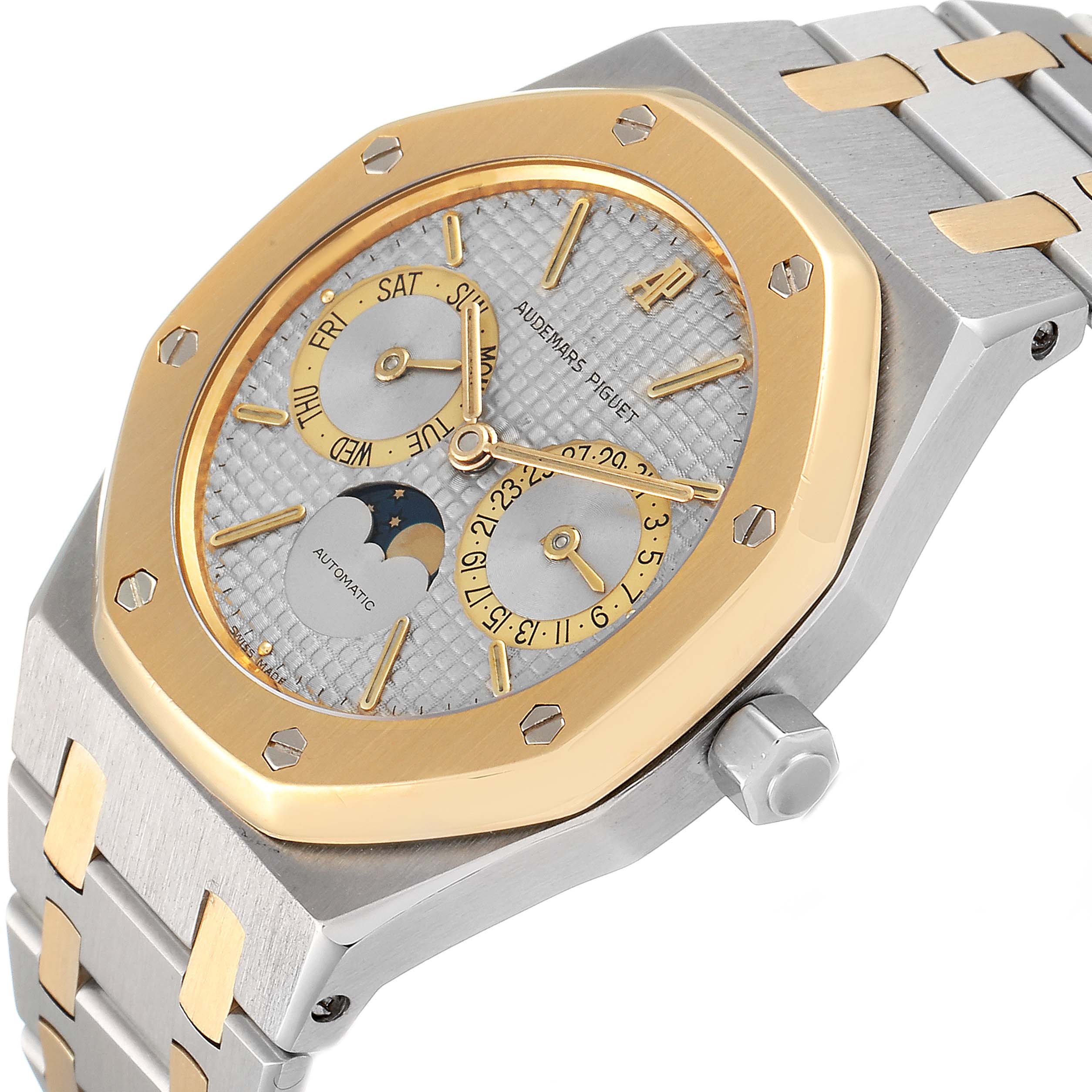 The image shows a side angle of an Audemars Piguet Royal Oak 25594SA.O.0789SA.01 Men's Steel and Gold (two tone) Silver Dial 25594SA.O.0789SA.01 Men's Steel and Gold (two tone) Silver Dial watch, highlighting its dials, bezel, and bracelet.