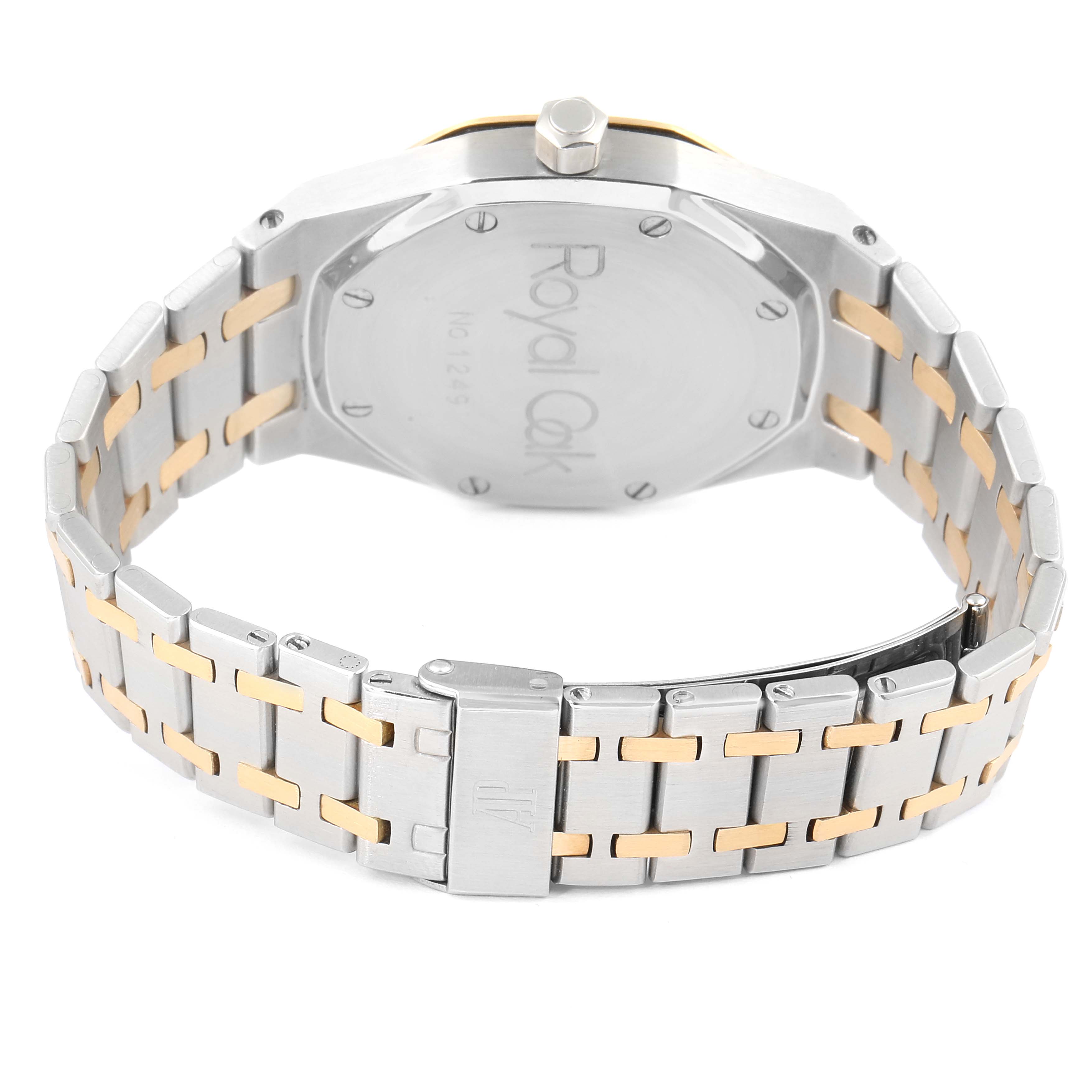 The image shows the case back and bracelet of an Audemars Piguet Royal Oak 25594SA.O.0789SA.01 Men's Steel and Gold (two tone) Silver Dial 25594SA.O.0789SA.01 Men's Steel and Gold (two tone) Silver Dial watch from a rear angle.