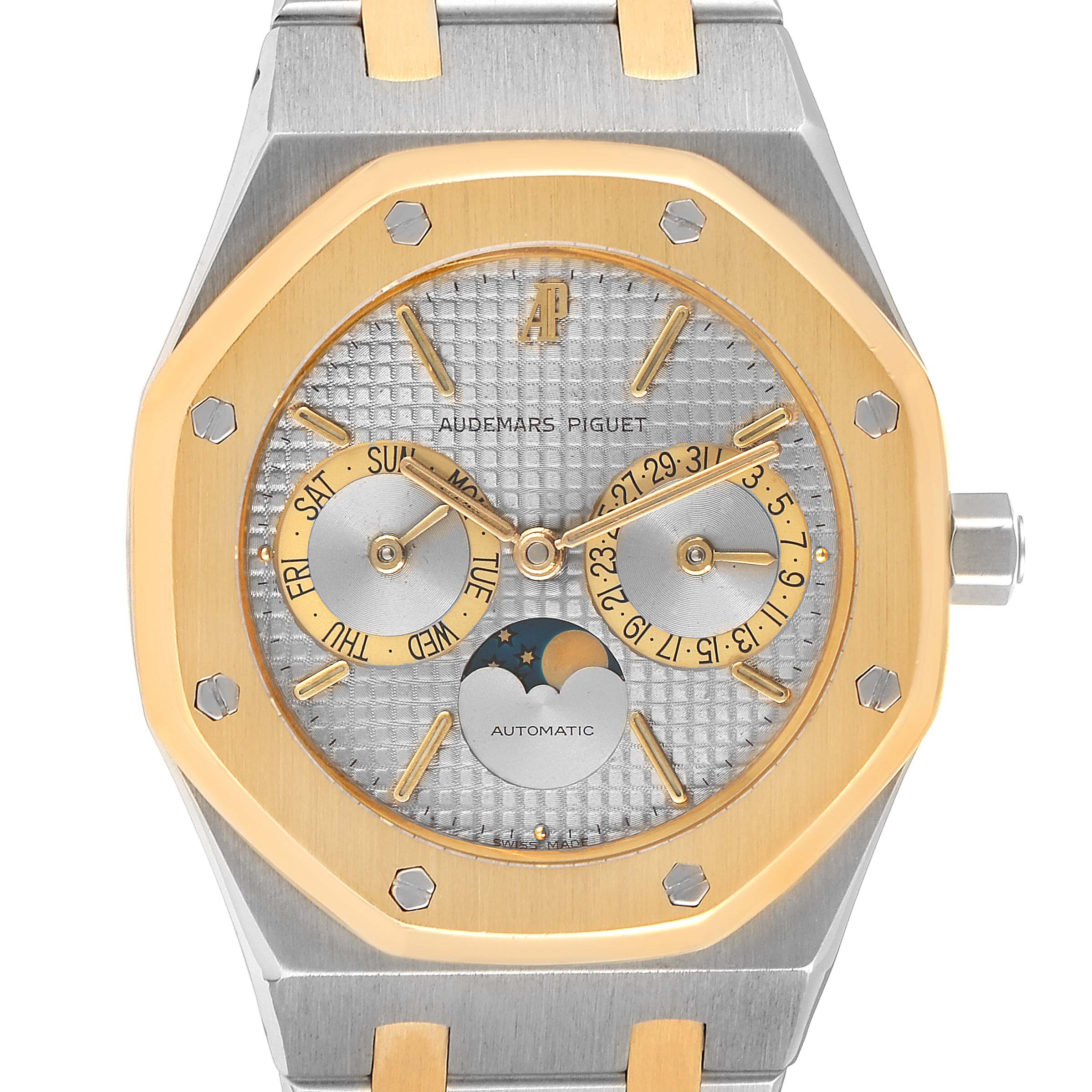 This is a frontal view of an Audemars Piguet Royal Oak 25594SA.O.0789SA.01 Men's Steel and Gold (two tone) Silver Dial 25594SA.O.0789SA.01 Men's Steel and Gold (two tone) Silver Dial watch showing the dial, hands, sub-dials, and part of the bracelet.